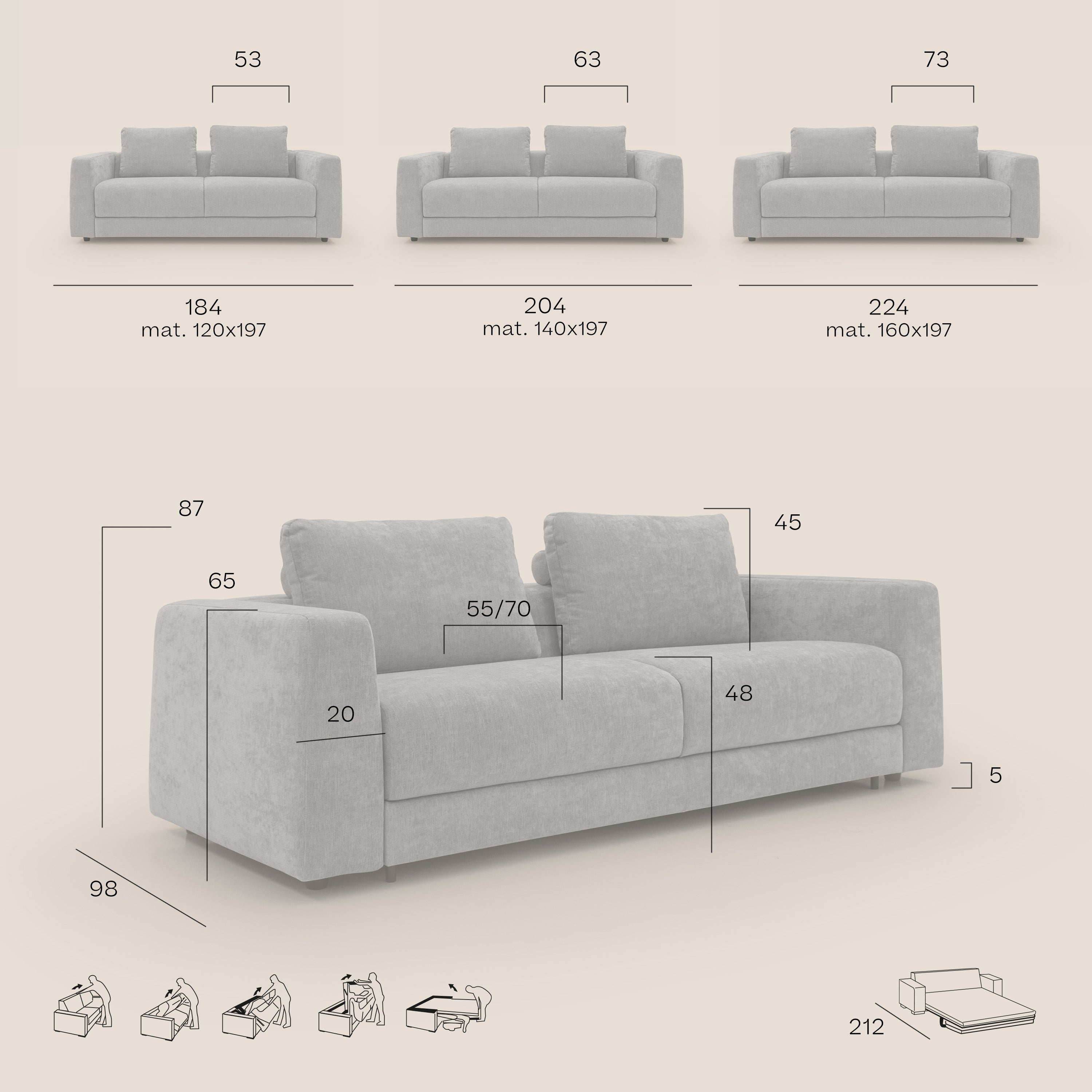 Freia Divano letto minimal materasso h15 cm con morbidi schienali in tessuto impermeabile T14 marrone - divani.store