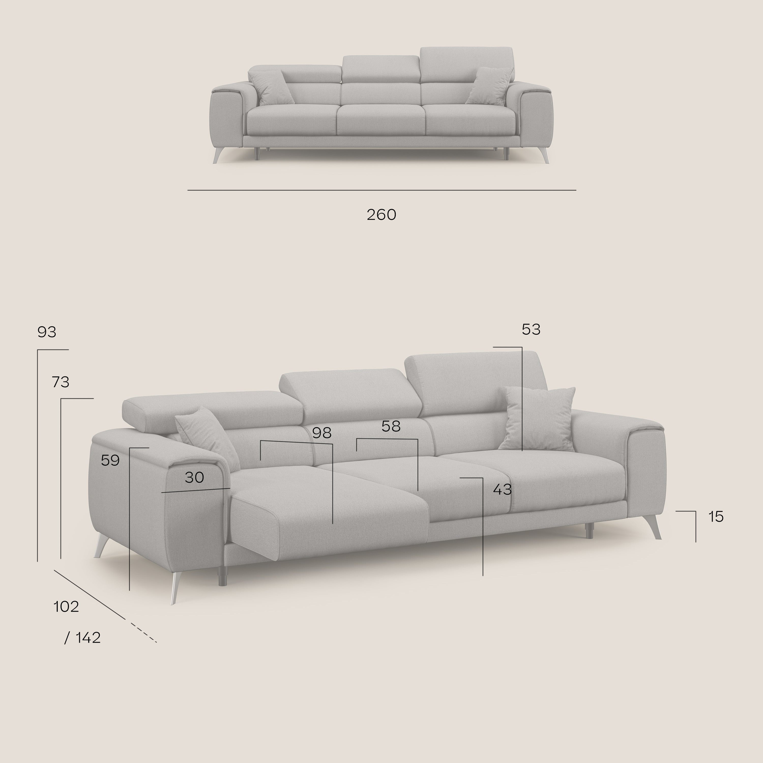 Fusion divano con 3 sedute allungabili in tessuto smacchiabile T05 antracite - divani.store
