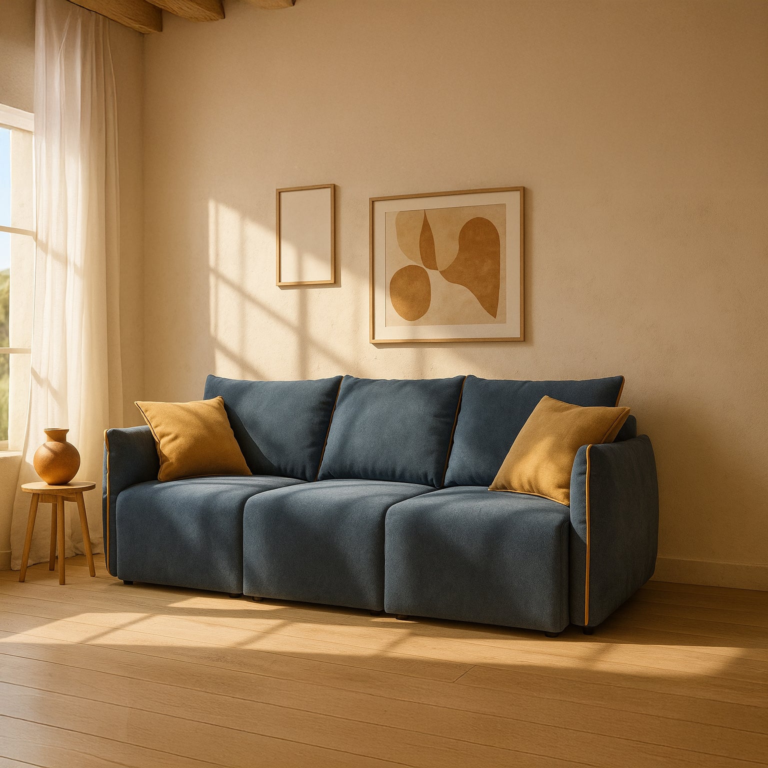 Un accogliente salotto è caratterizzato dal divano Flexar con 3 sedute allungabili di Divani.Store in bouclé impermeabile blu T07, con schienale in piuma d'oca e accenti arancioni. L'arte minimale, la luce del sole attraverso le tende velate e un tavolo rotondo con un vaso completano la scena.