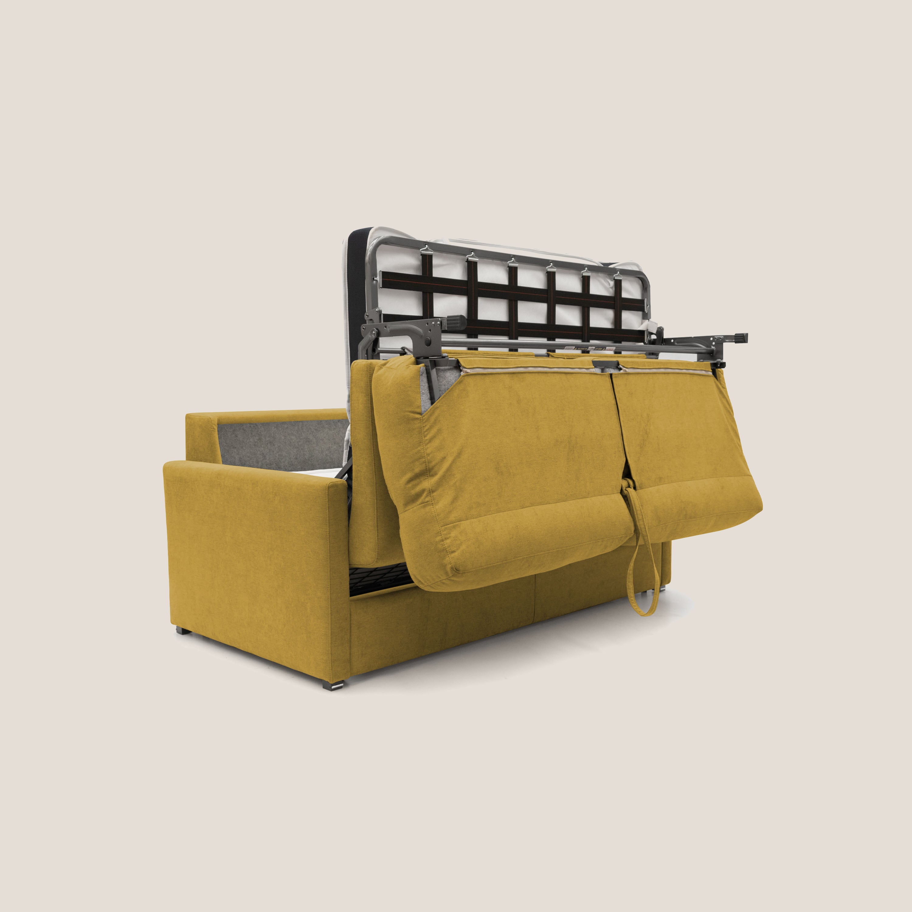 Margot Divano letto matrimoniale con schienale morbido alto in tessuto T02 giallo - divani.store