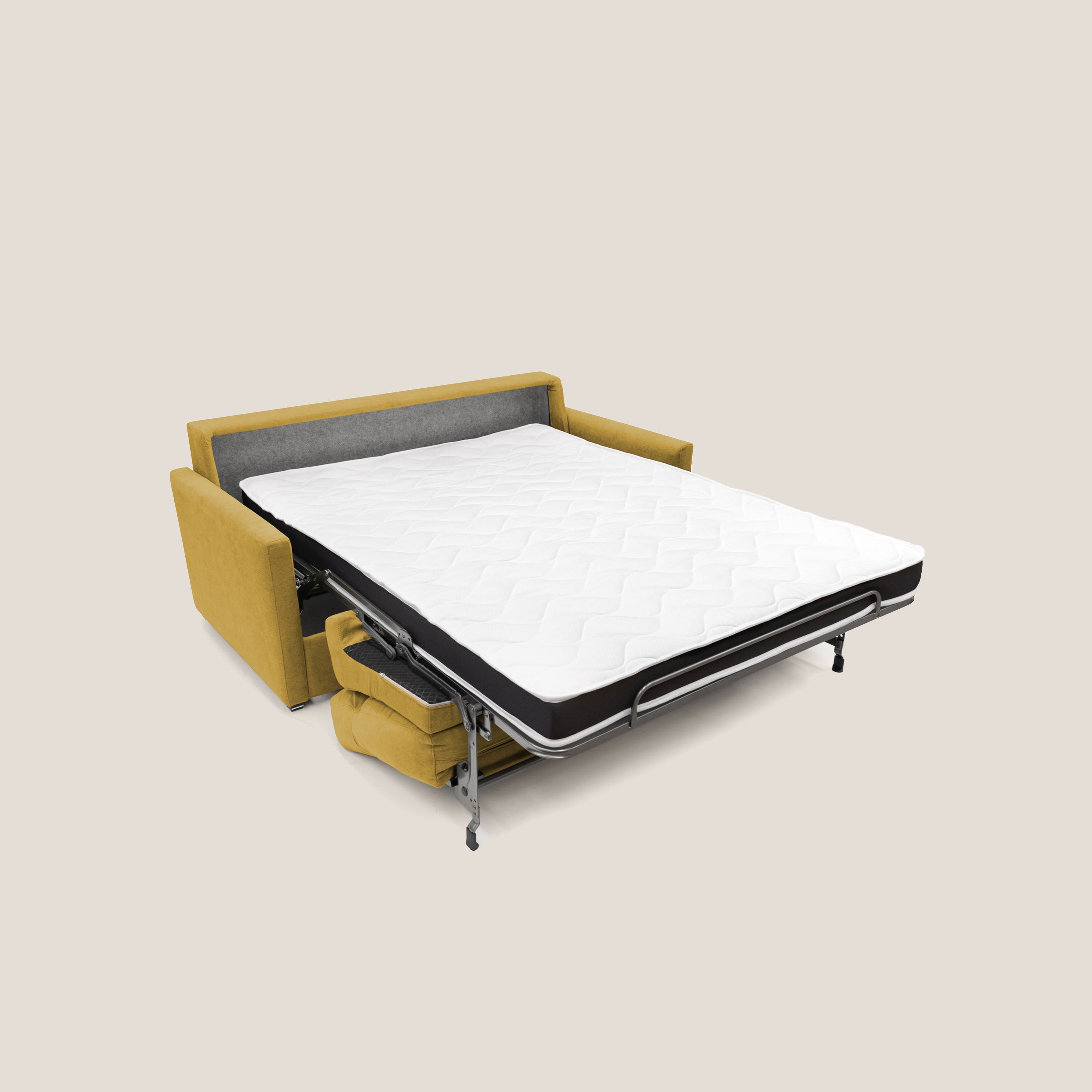 Margot Divano letto matrimoniale con schienale morbido alto in tessuto T02 giallo - divani.store