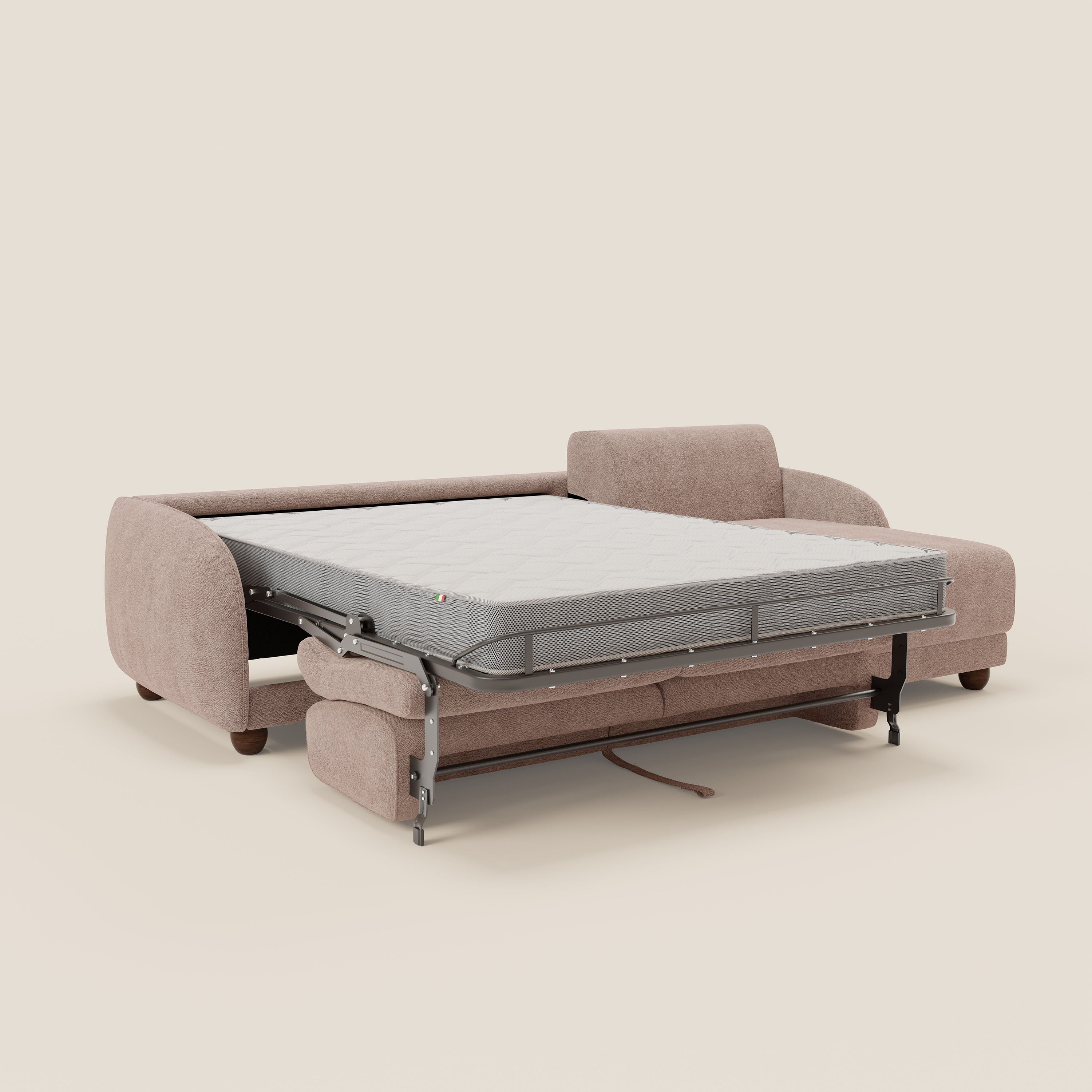 Giglio divano letto angolare con materasso alto 18 cm e penisola contenitore in morbido bouclé impermeabile T07 - divani.store