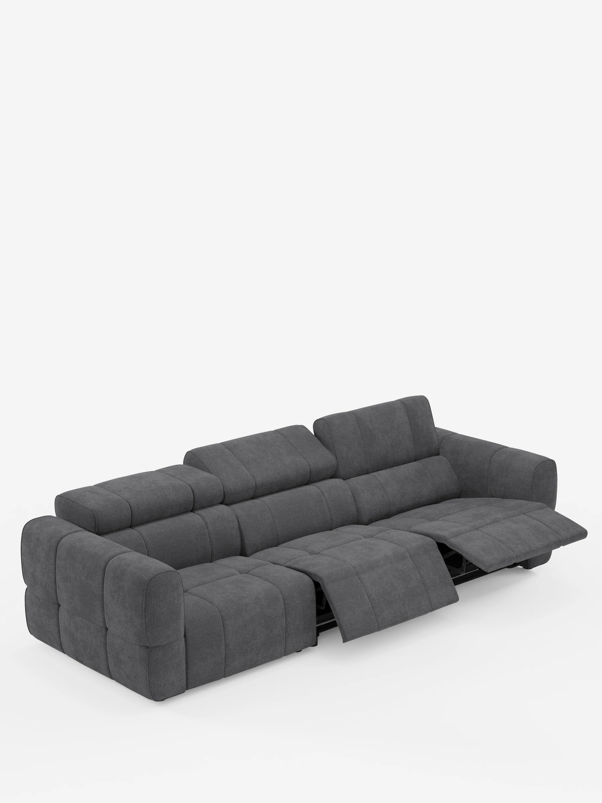 Un divano modulare Giotto grigio scuro a 4 posti con poggiatesta reclinabili e funzione relax elettrica opzionale, rivestito in tessuto smacchiabile T23 su sfondo bianco, dotato di poggiatesta regolabili e due sedute con poggiapiedi integrati estesi.