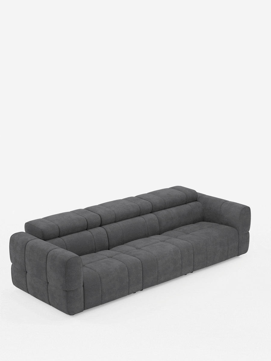 Giotto, divano modulare a 4 posti con poggiatesta reclinabili e funzione relax elettrica opzionale, in tessuto smacchiabile T23: un divano modulare a 4 posti color grigio antracite dal profilo basso, con cuscini, schienale e braccioli a griglia su sfondo bianco.
