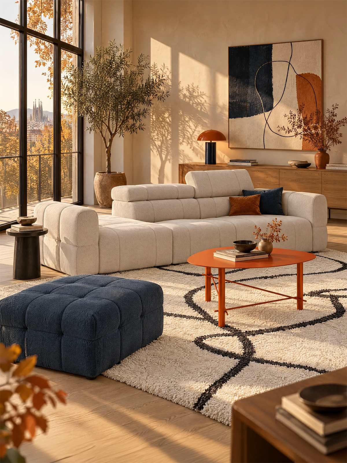 Un divano componibile Giotto Divano color beige chiaro con estremità aperta – opzione relax elettrico in tessuto smacchiabile T23 – è posizionato su un tappeto dalla trama rigata accanto a un pouf blu trapuntato e a un tavolino da caffè arancione, con un quadro astratto appeso alla parete alle sue spalle.