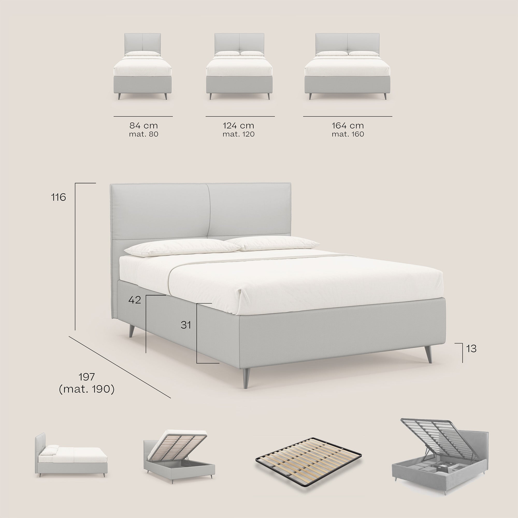 Schema dettagliato che mostra un Greta letto contenitore dimensioni SLIM di Letti.store con testiera trapuntata in ecopelle impermeabile T04. Le dimensioni del letto sono annotate: altezza 116 cm, altezza telaio 42 cm, altezza gambe 31 cm, altezza da terra 13 cm e lunghezza 197 cm. È disponibile nelle larghezze SLIM-COMPACT di 84 cm (mat. 80) e 124 cm (mat.).