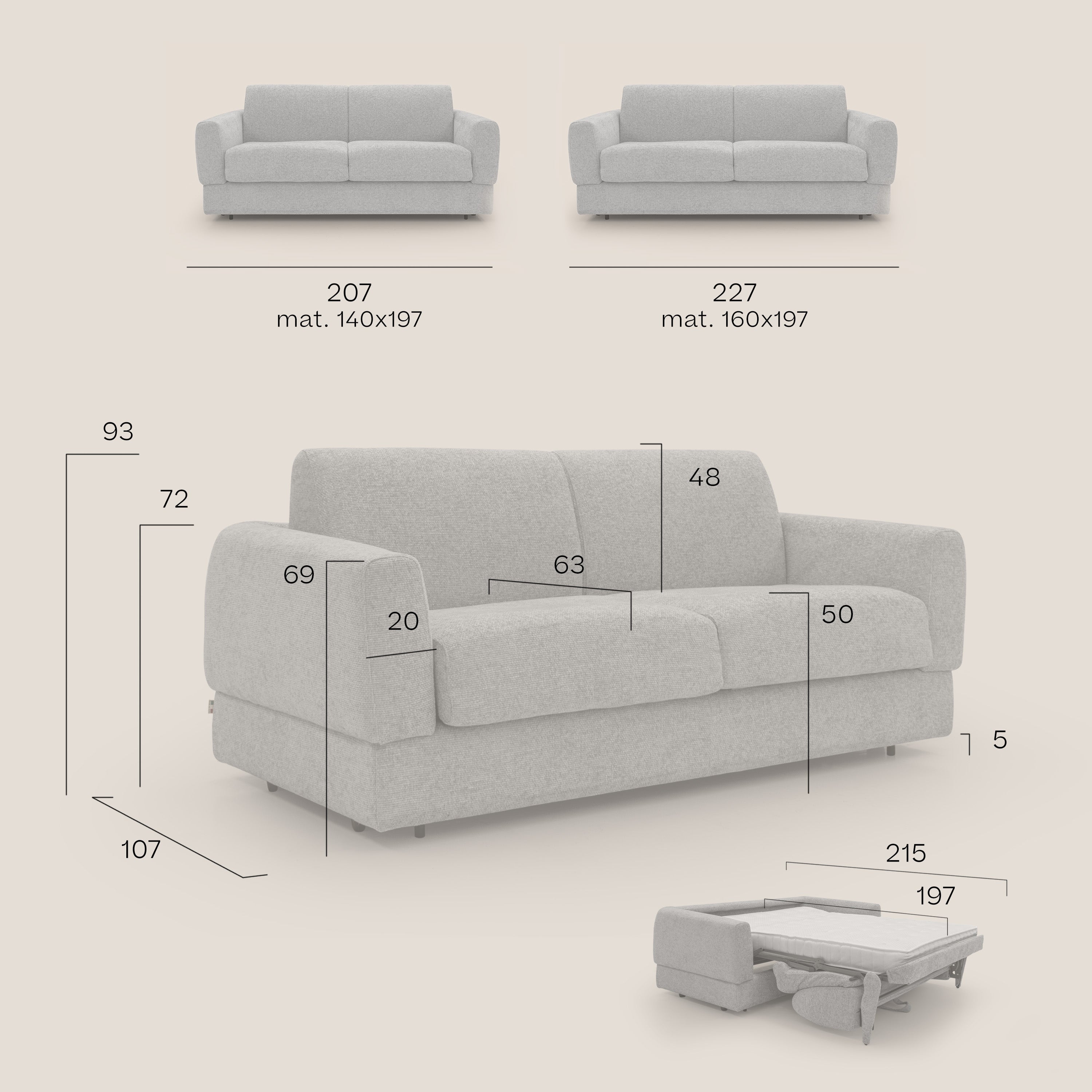 Happy Divano letto matrimoniale con materasso h18 cm in tessuto impermeabile T10 tortora - divani.store