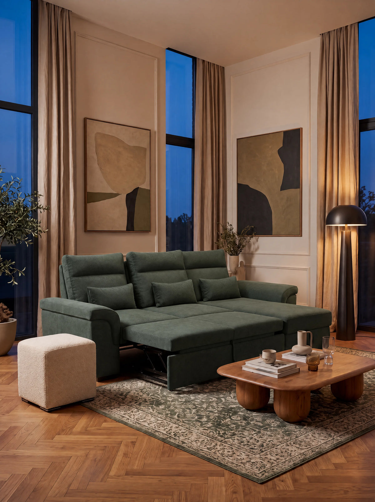 Un divano letto angolare Ischia di colore verde scuro, con schienali scorrevoli, elemento estraibile e penisola contenitore in tessuto antimacchia misto lino, è posizionato su un tappeto a motivi decorativi accanto a un tavolino in legno, una lampada da terra e un’opera d’arte astratta.