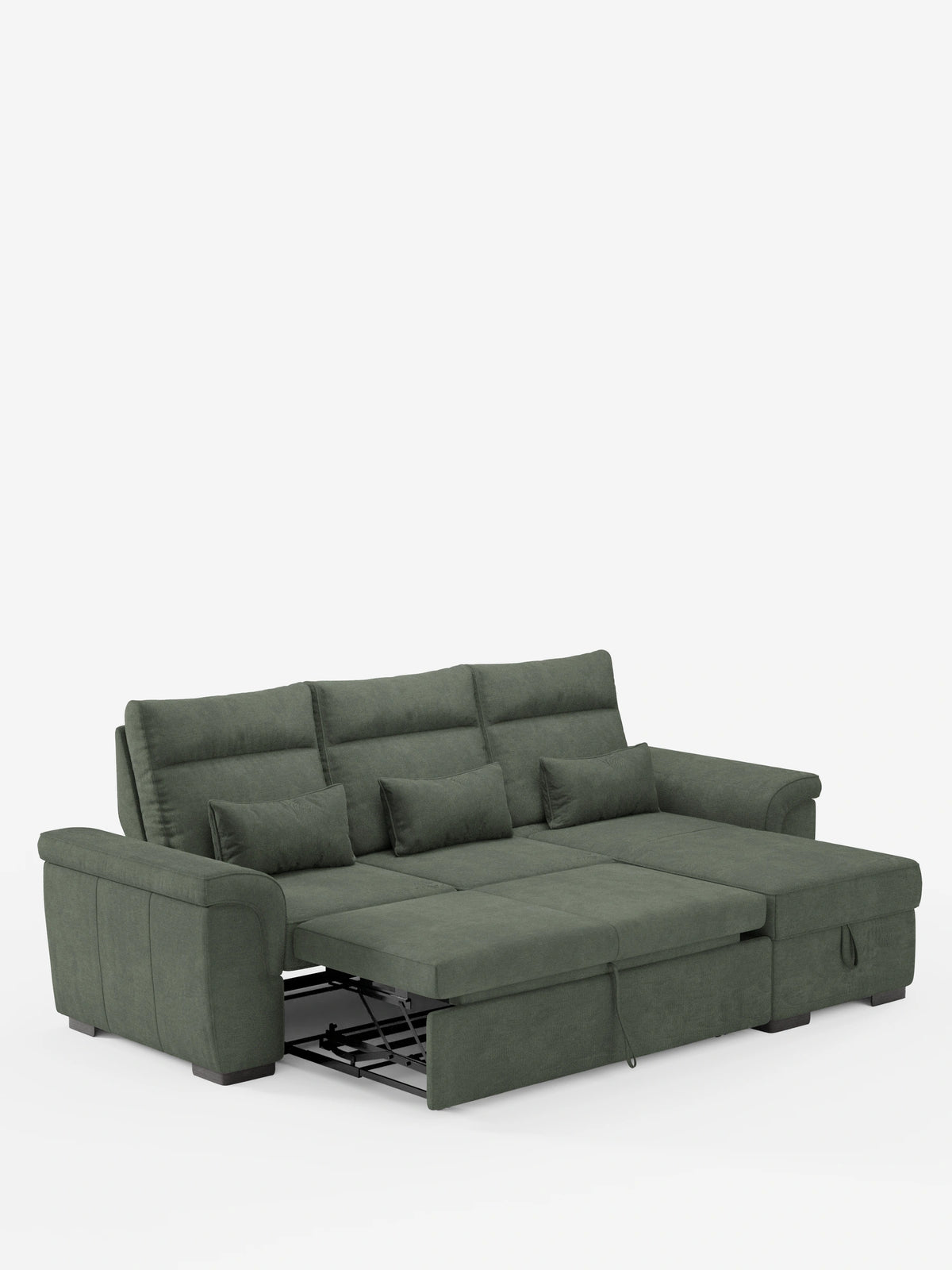Un divano letto angolare Ischia color verde salvia con schienali regolabili, elemento estraibile e penisola contenitore in tessuto, dotato di una parte estraibile, schienali regolabili e tre piccoli cuscini decorativi.