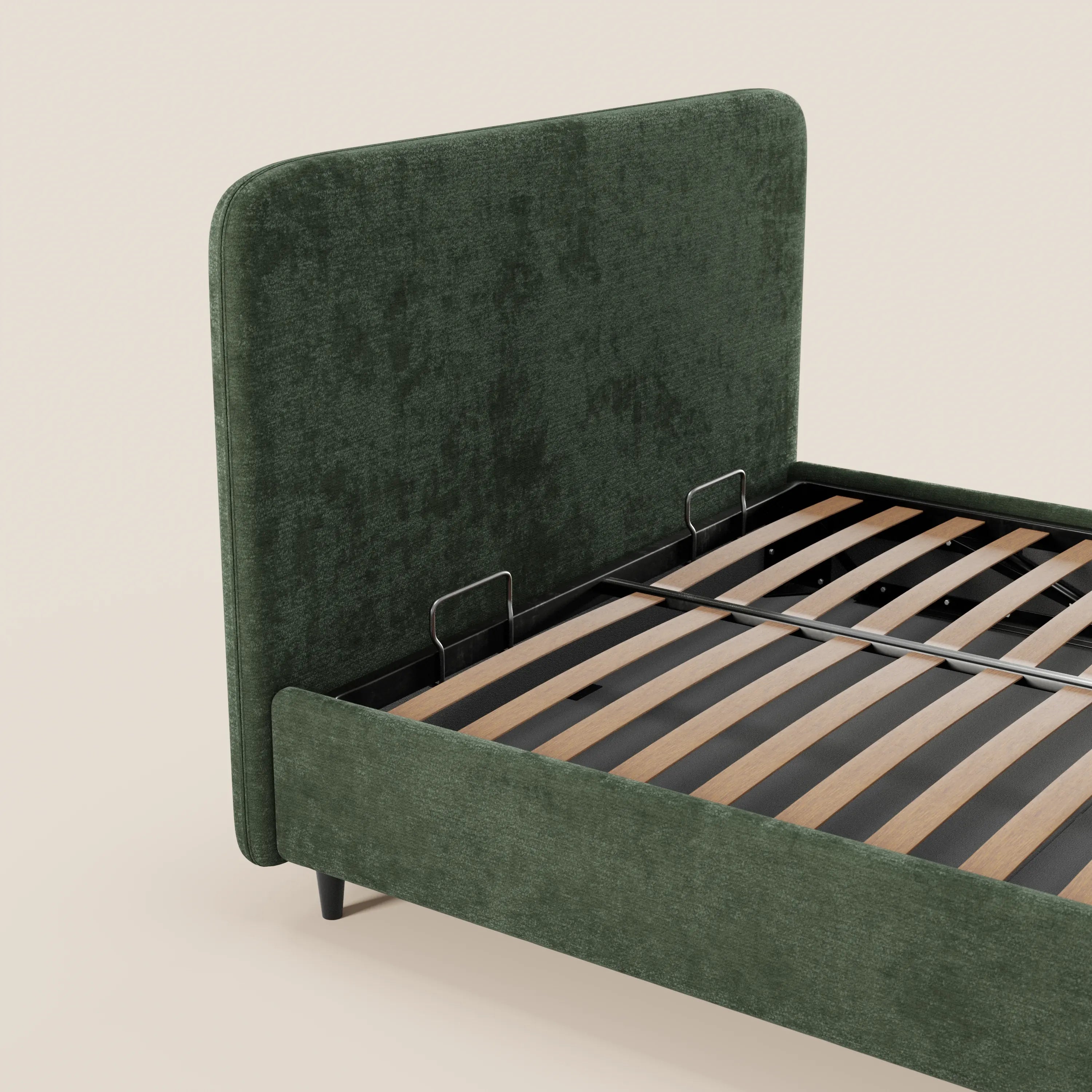 Il letto imbottito KAELOS minimal di Letti.store è dotato di un vano contenitore, di una testiera alta e arrotondata in ciniglia, di gambe alte e di moderne sponde basse in verde scuro: un design elegante che risalta su uno sfondo beige a tinta unita.