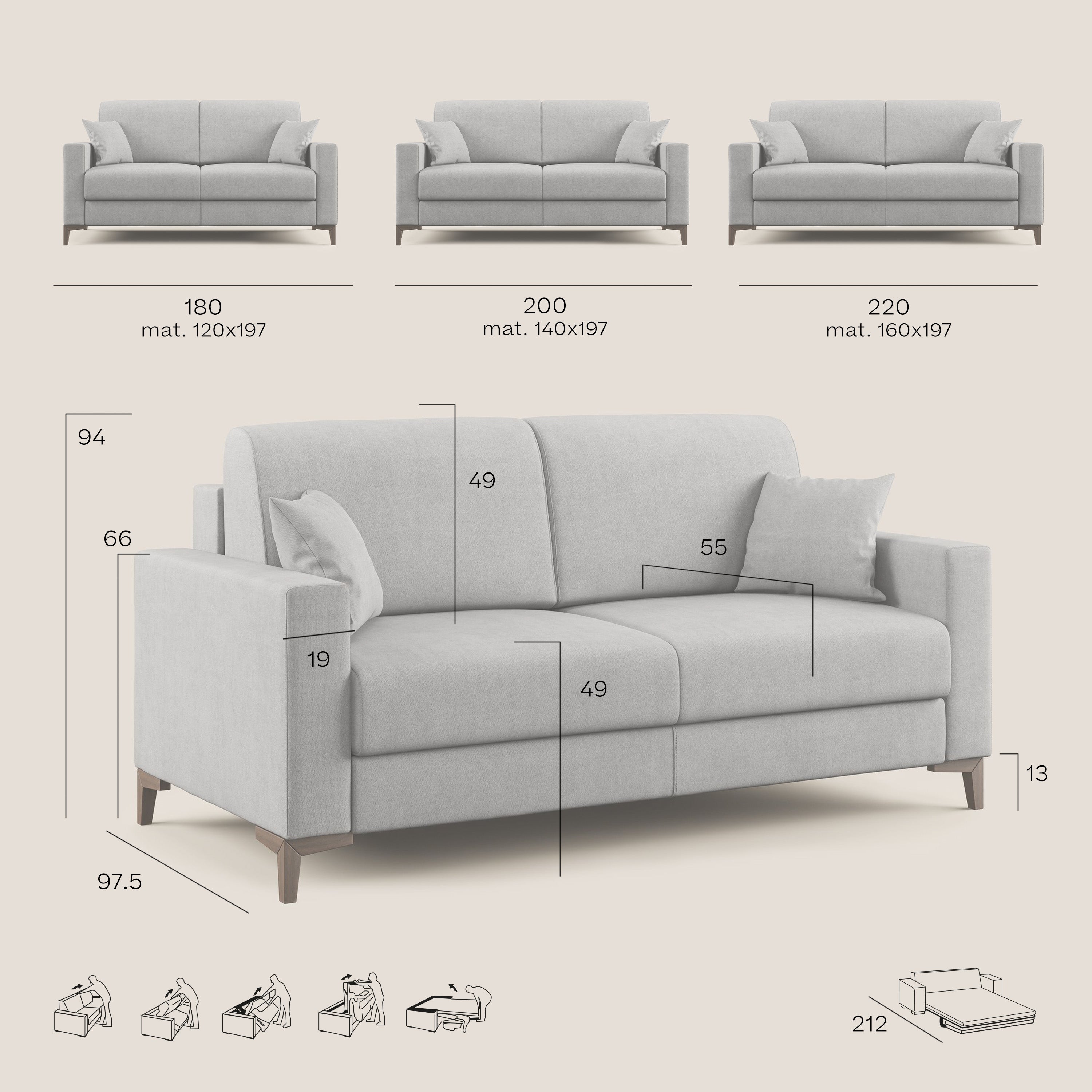 Kafka divano letto matrimoniale in morbido tessuto impermeabile T02 grigio chiaro - divani.store
