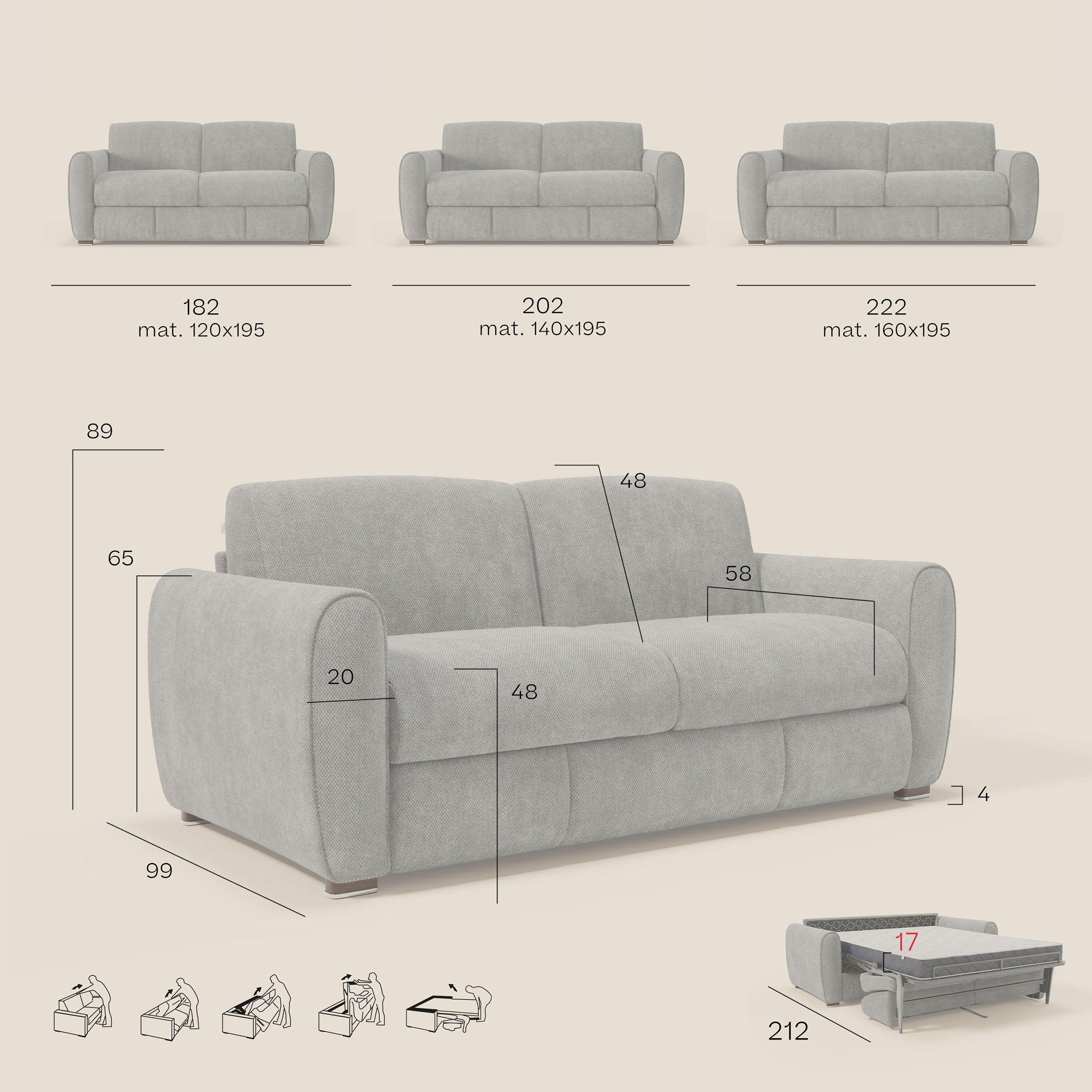 Kaleo Divano letto moderno con materasso H17 cm - in raffinato tessuto impermeabile T26 carta da zucchero