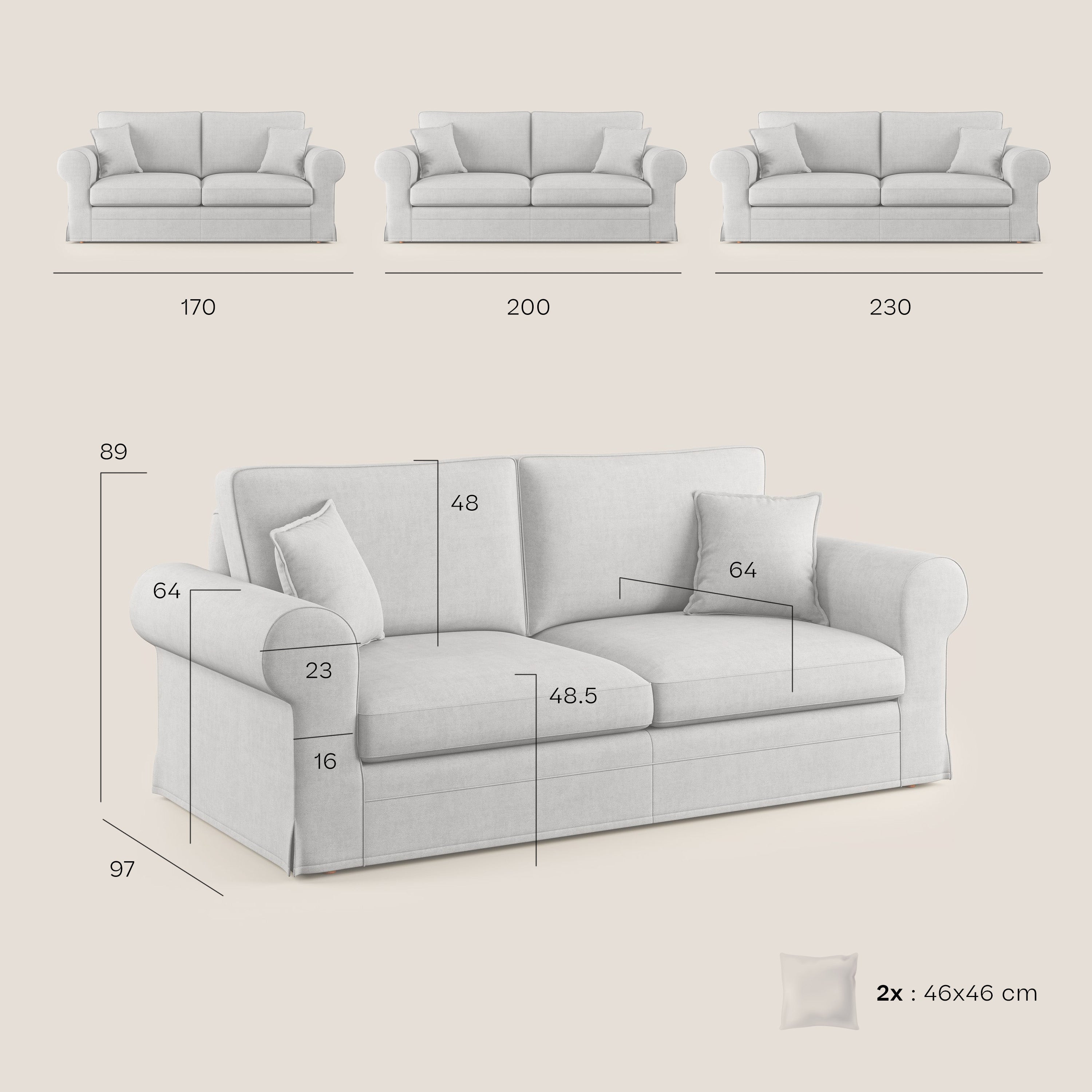 Lady divano classico in piuma d'oca realizzato con tessuto impermeabile T02 grigio - divani.store