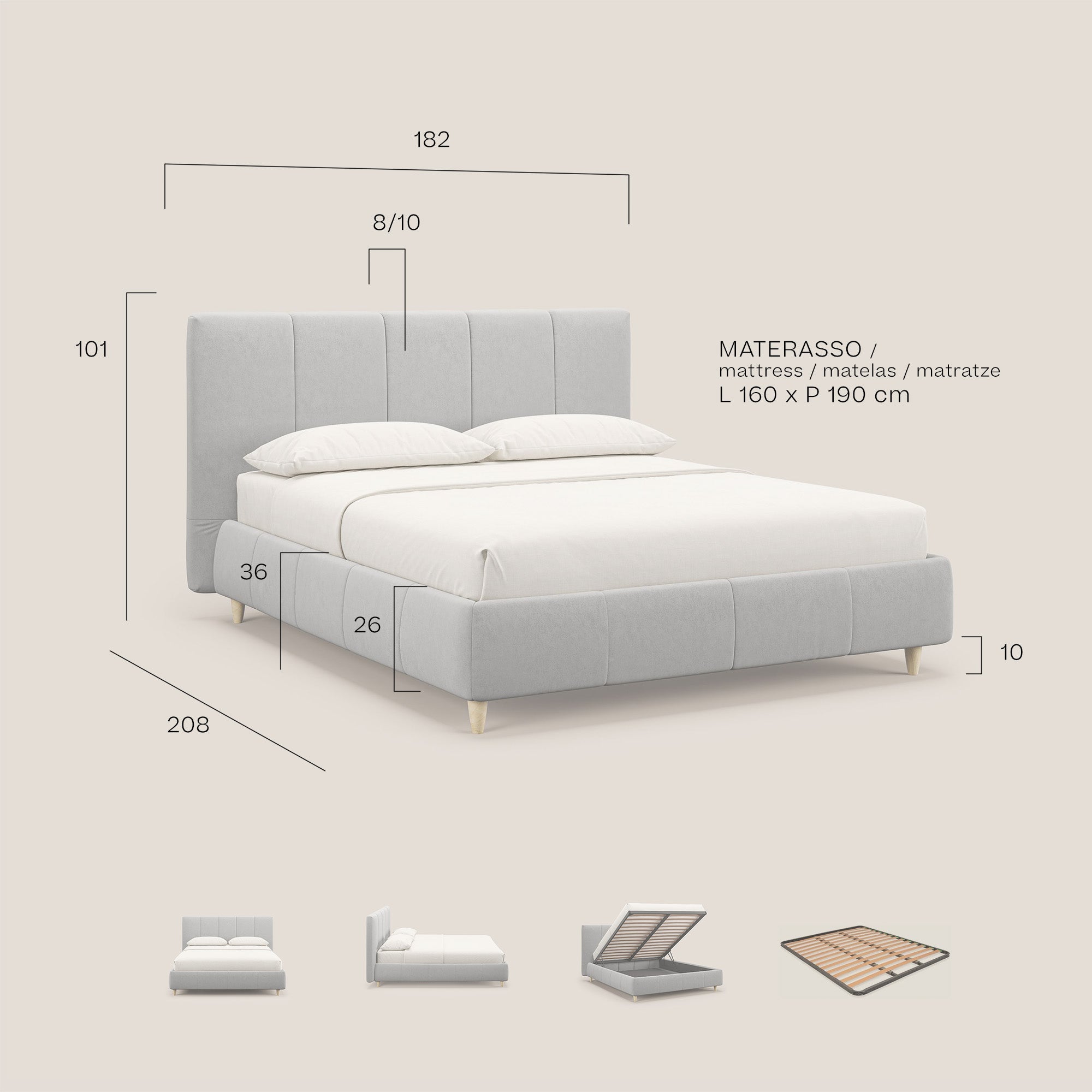 Laura letto imbottito contenitore e sfoderabile in microfibra velluto impermeabile T09 grigio - divani.store