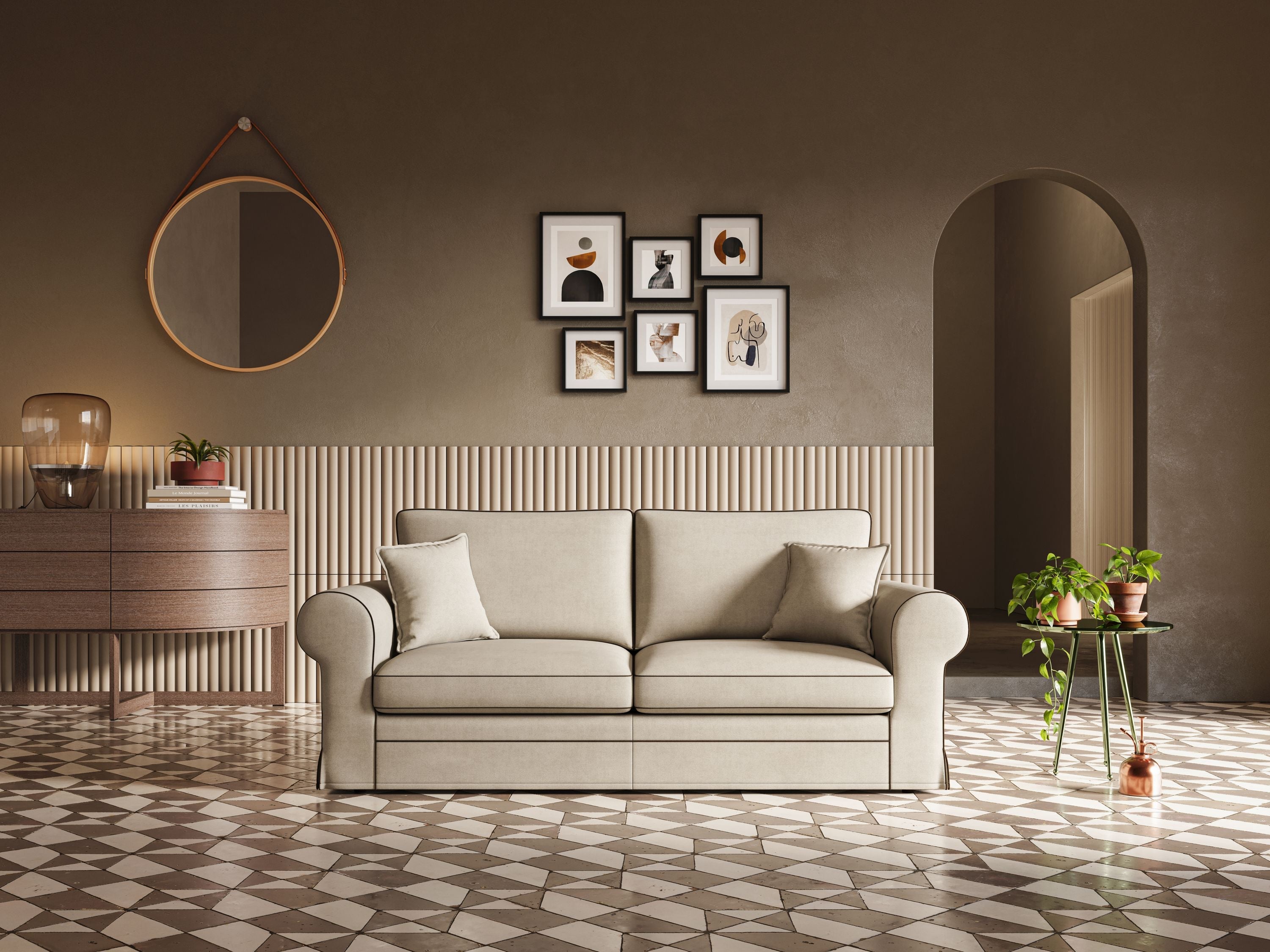 Lady divano classico in piuma d'oca realizzato con tessuto impermeabile T02 beige - divani.store