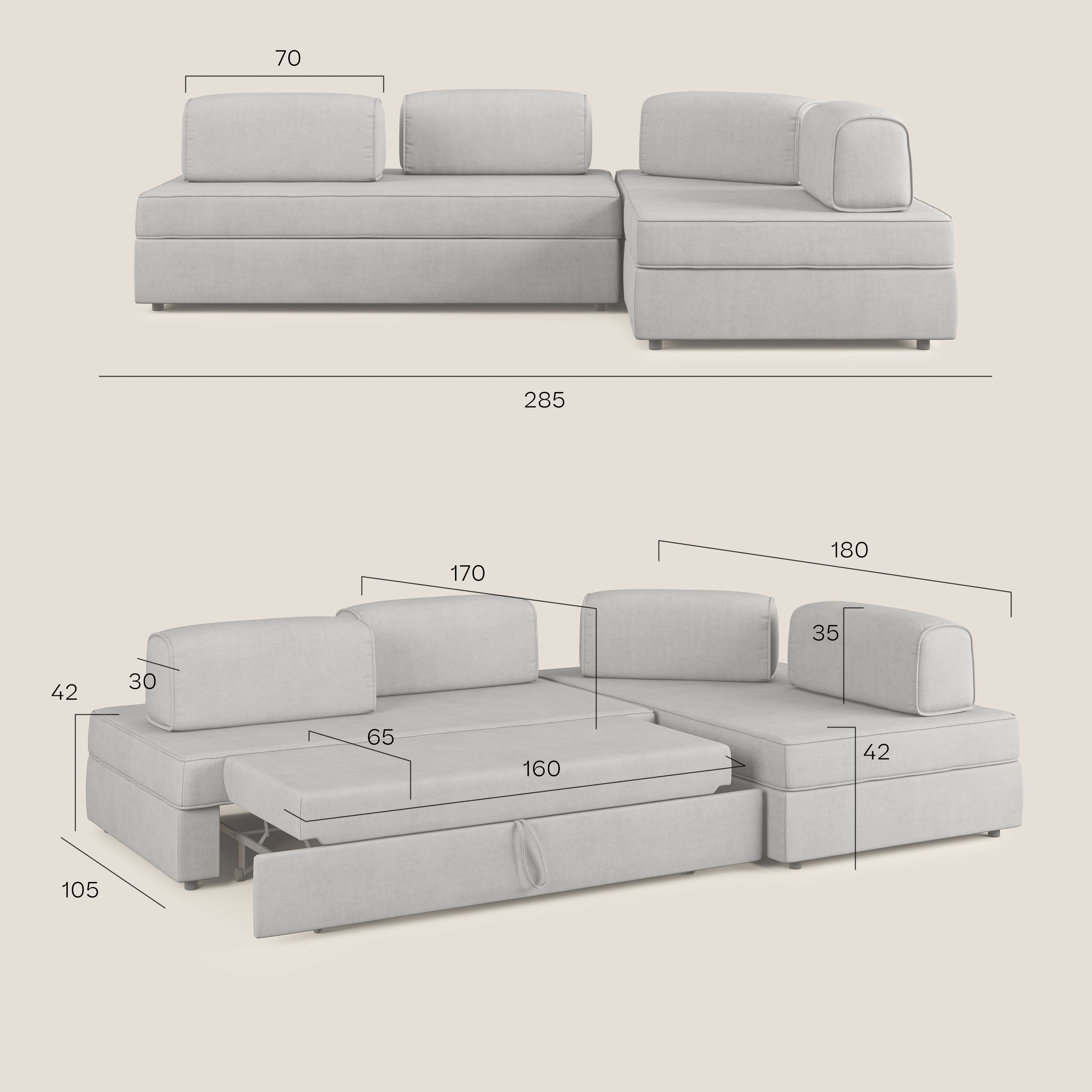 Liberty divano angolare con pouf estraibile e schienali movibili in tessuto morbido impermeabile T02 marrone - divani.store