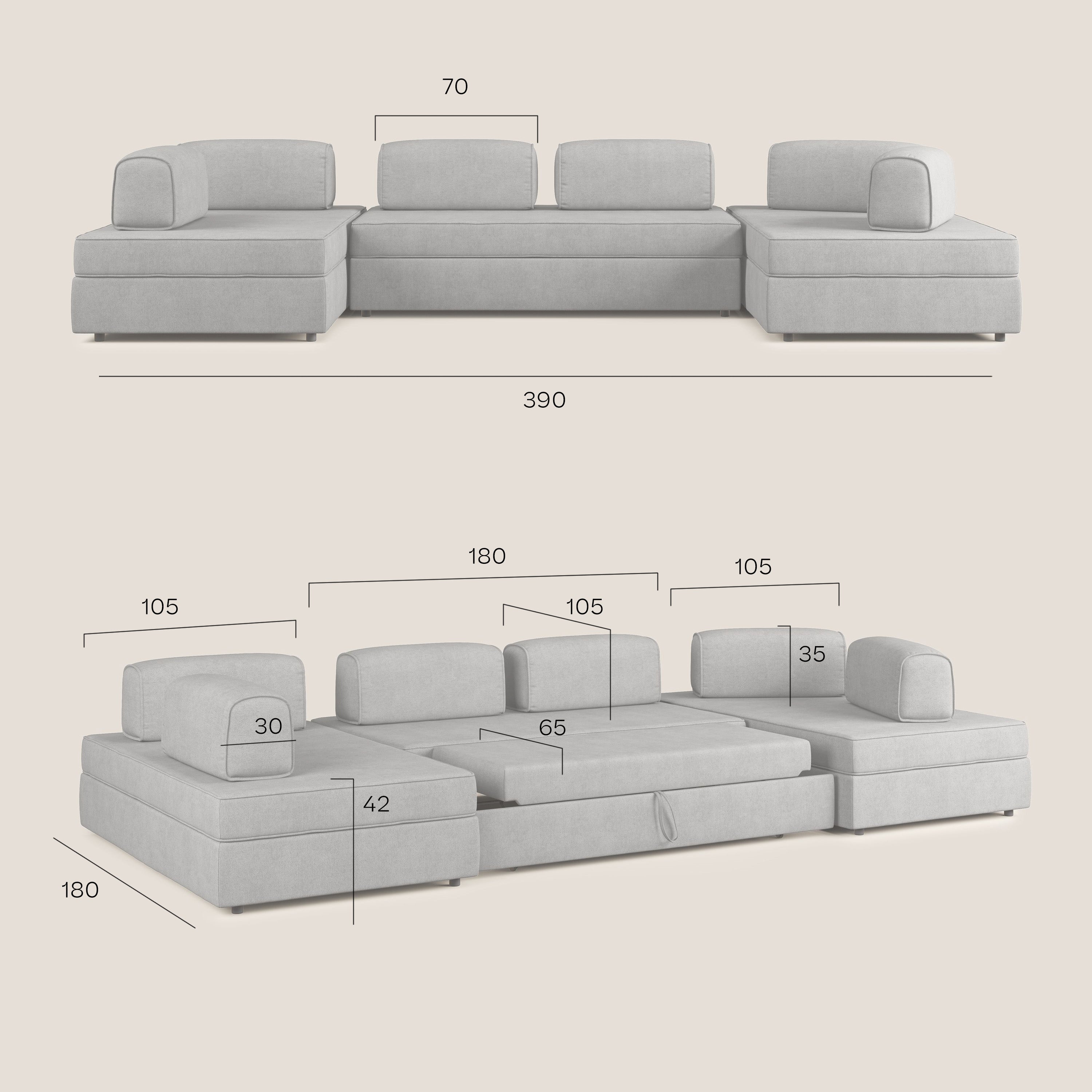 Liberty divano panoramico con pouf estraibile e schienali movibili in tessuto morbido impermeabile T02 panna - divani.store