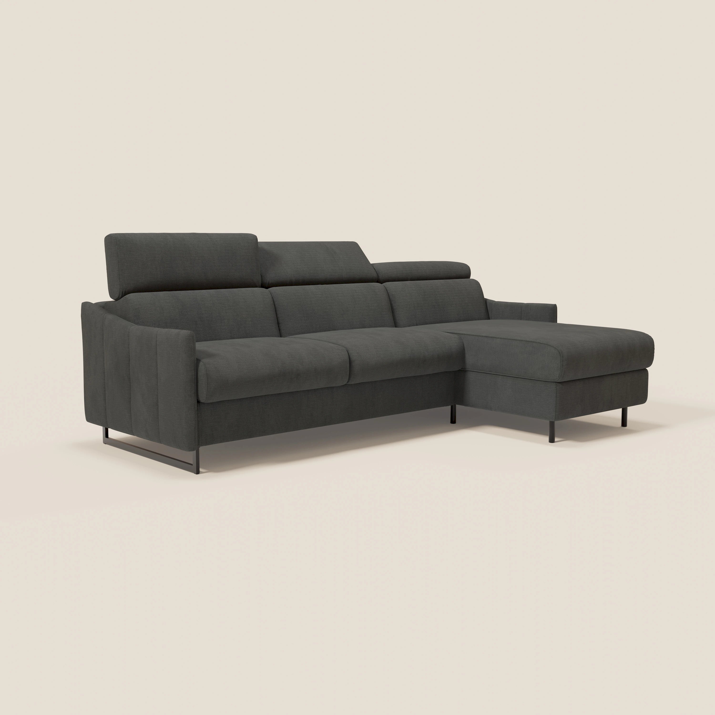 Loto Divano Letto Angolare con Penisola contenitore, Poggiatesta, Materasso Alto H18 in morbido tessuto impermeabile T14 - divani.store