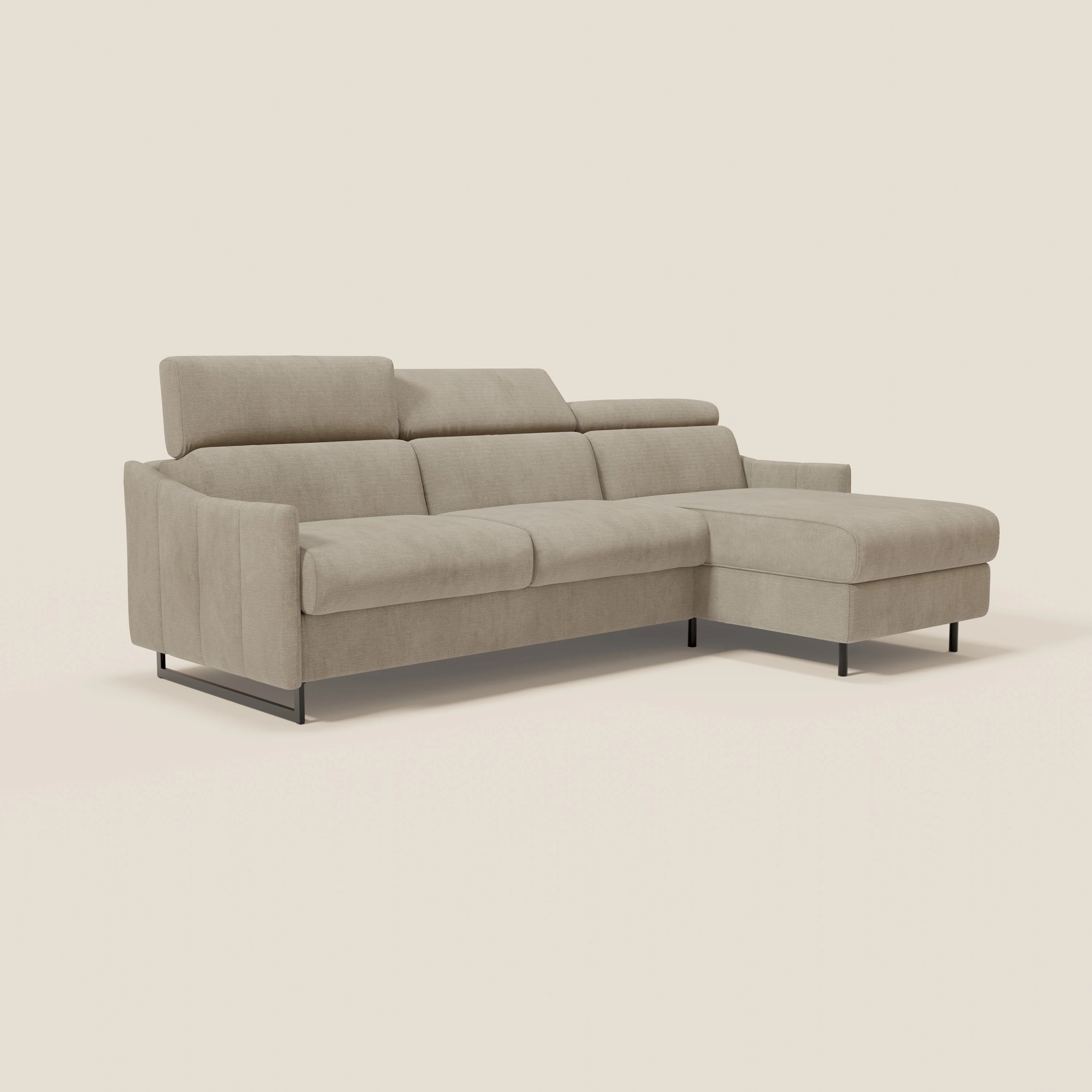 Loto Divano Letto Angolare con Penisola contenitore, Poggiatesta, Materasso Alto H18 in morbido tessuto impermeabile T14 - divani.store