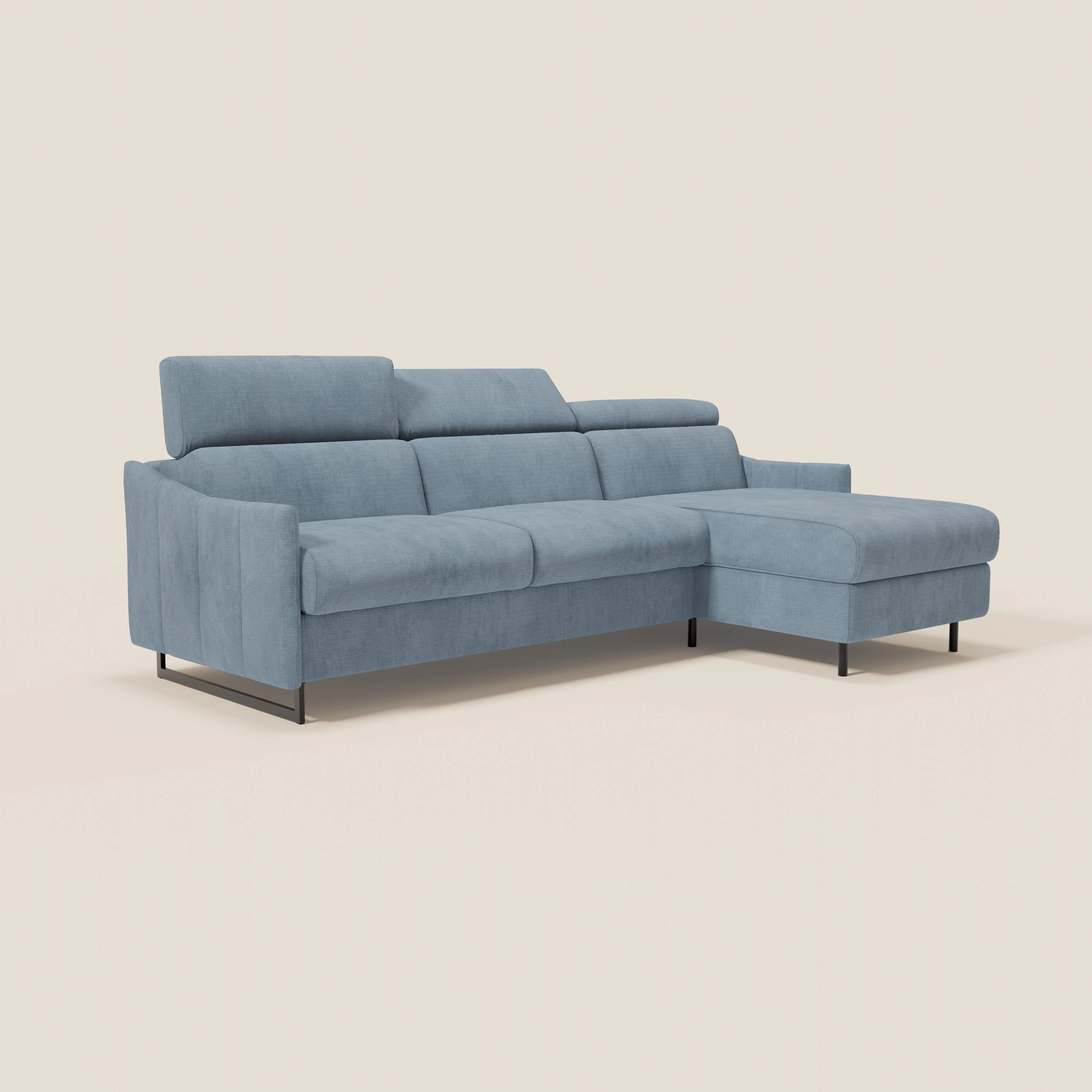Loto Divano Letto Angolare con Penisola contenitore, Poggiatesta, Materasso Alto H18 in morbido tessuto impermeabile T14 - divani.store