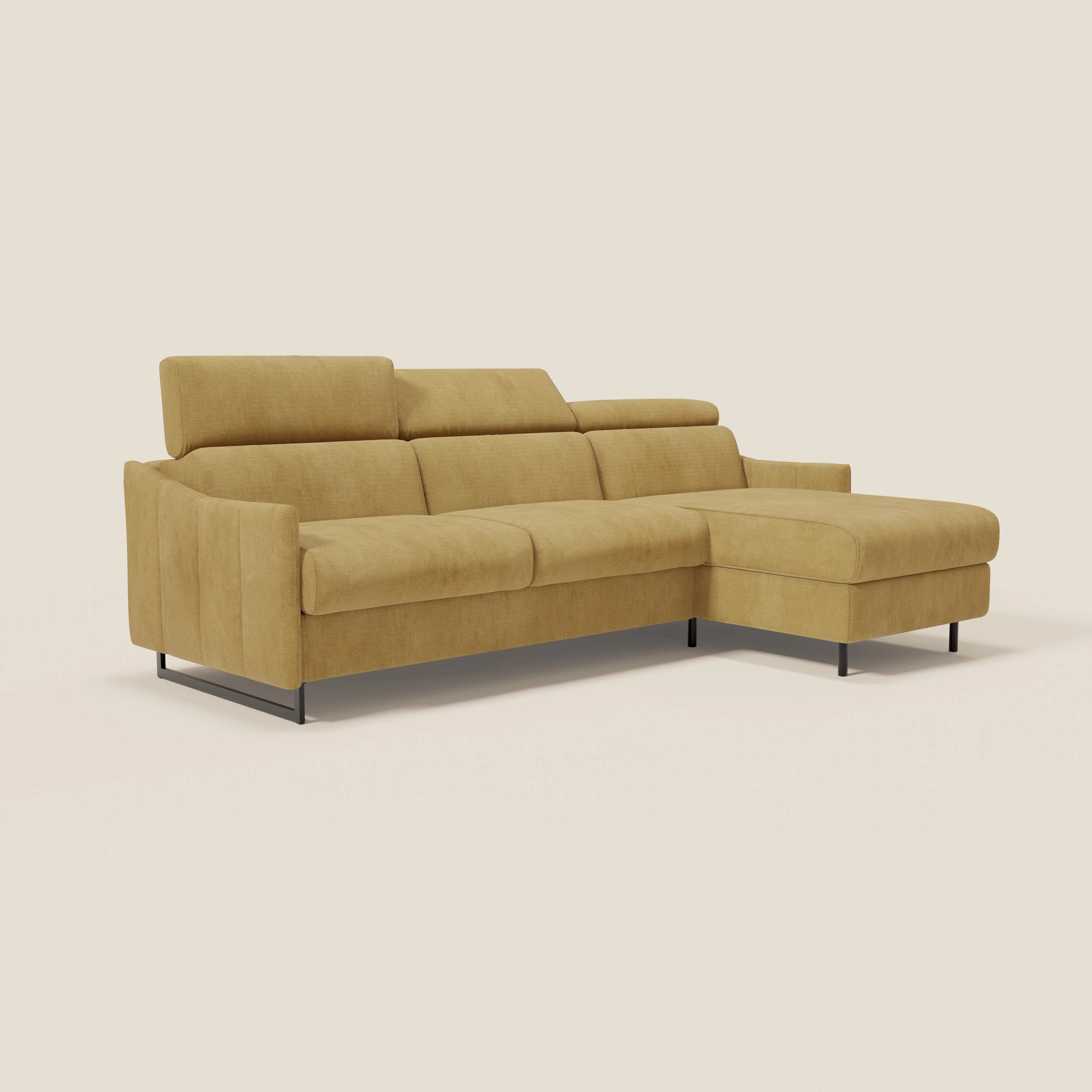 Loto Divano Letto Angolare con Penisola contenitore, Poggiatesta, Materasso Alto H18 in morbido tessuto impermeabile T14 - divani.store