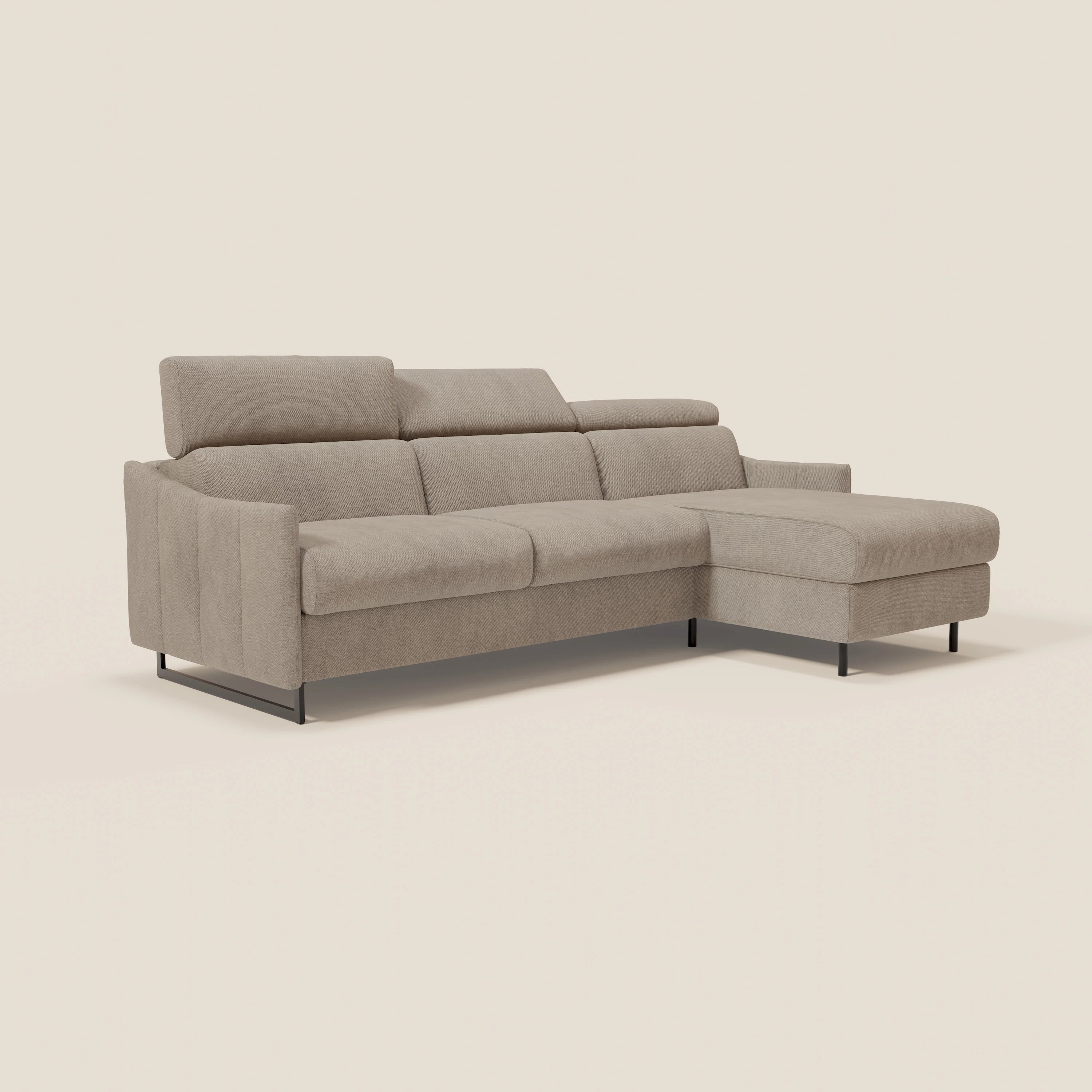Loto Divano Letto Angolare con Penisola contenitore, Poggiatesta, Materasso Alto H18 in morbido tessuto impermeabile T14 - divani.store