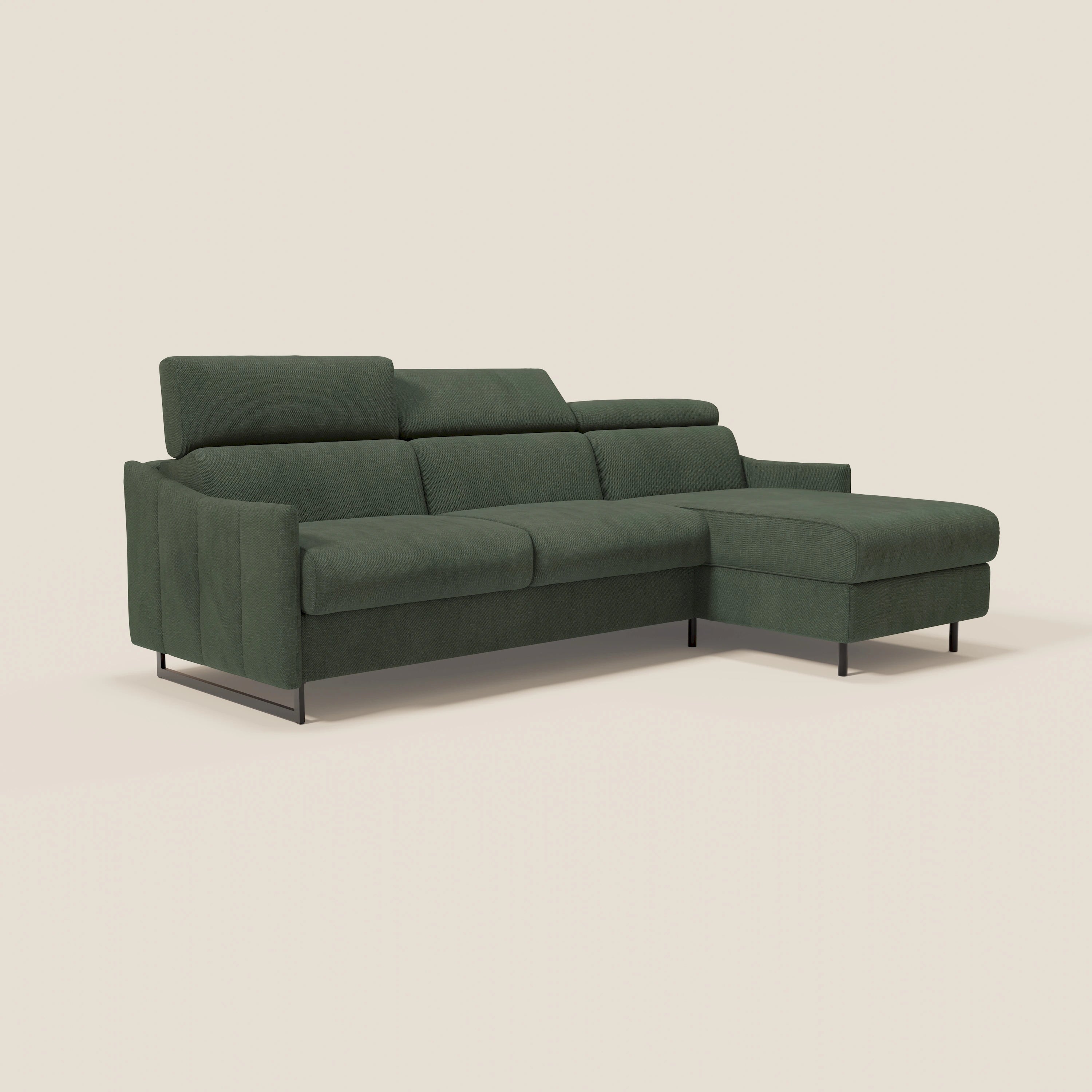 Loto Divano Letto Angolare con Penisola contenitore, Poggiatesta, Materasso Alto H18 in morbido tessuto impermeabile T14 - divani.store