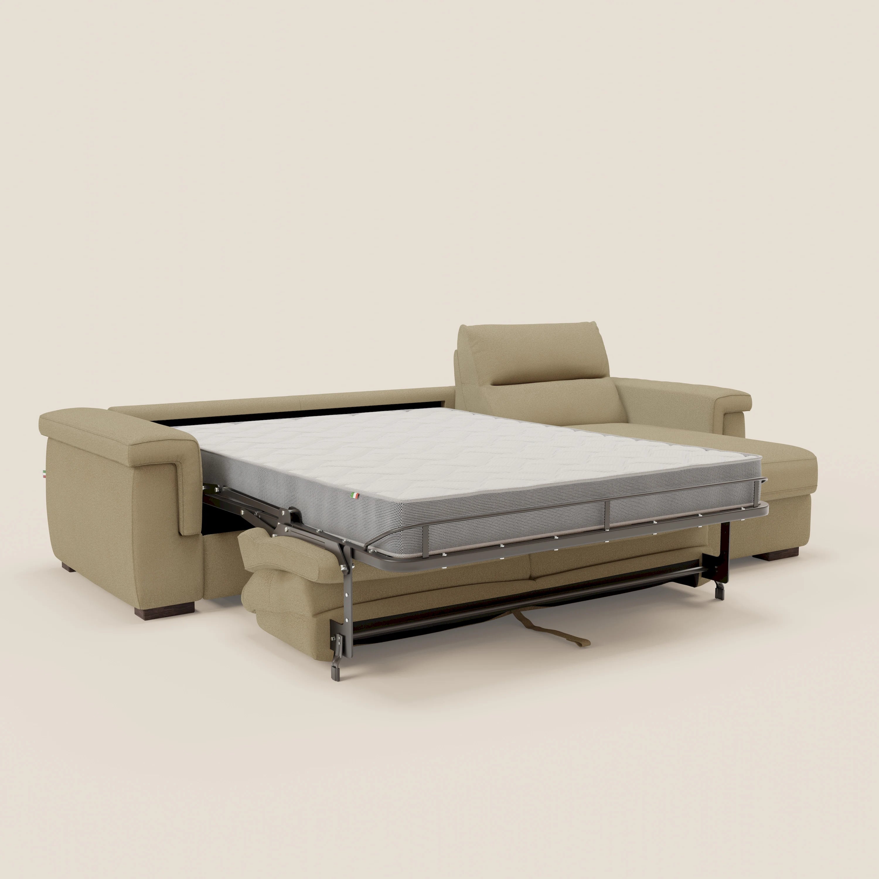 Magnolia divano letto angolare con Penisola Contenitore - Materasso H18 cm in tessuto smacchiabile T05 cammello