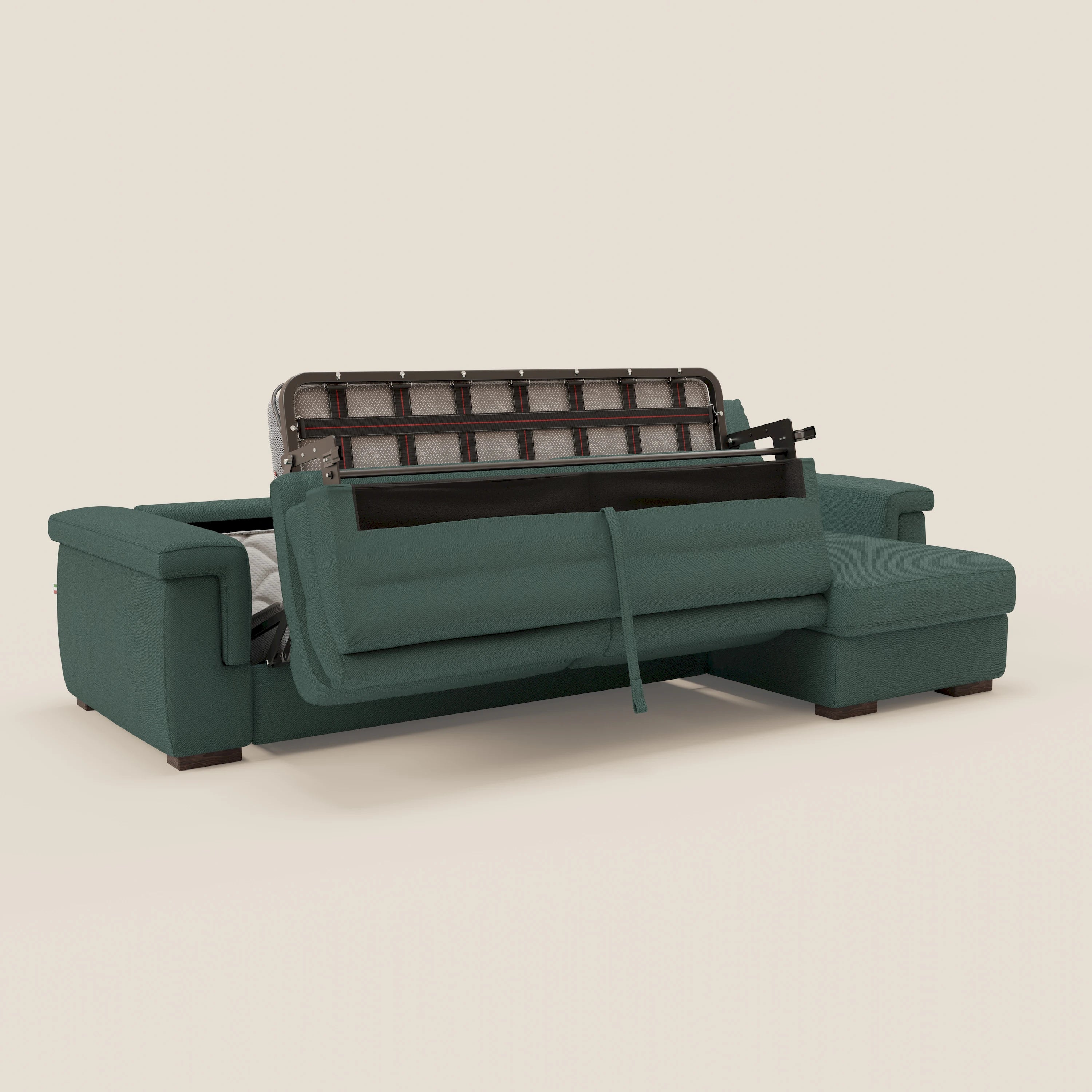 Magnolia divano letto angolare con Penisola Contenitore - Materasso H18 cm in tessuto smacchiabile T05 verde