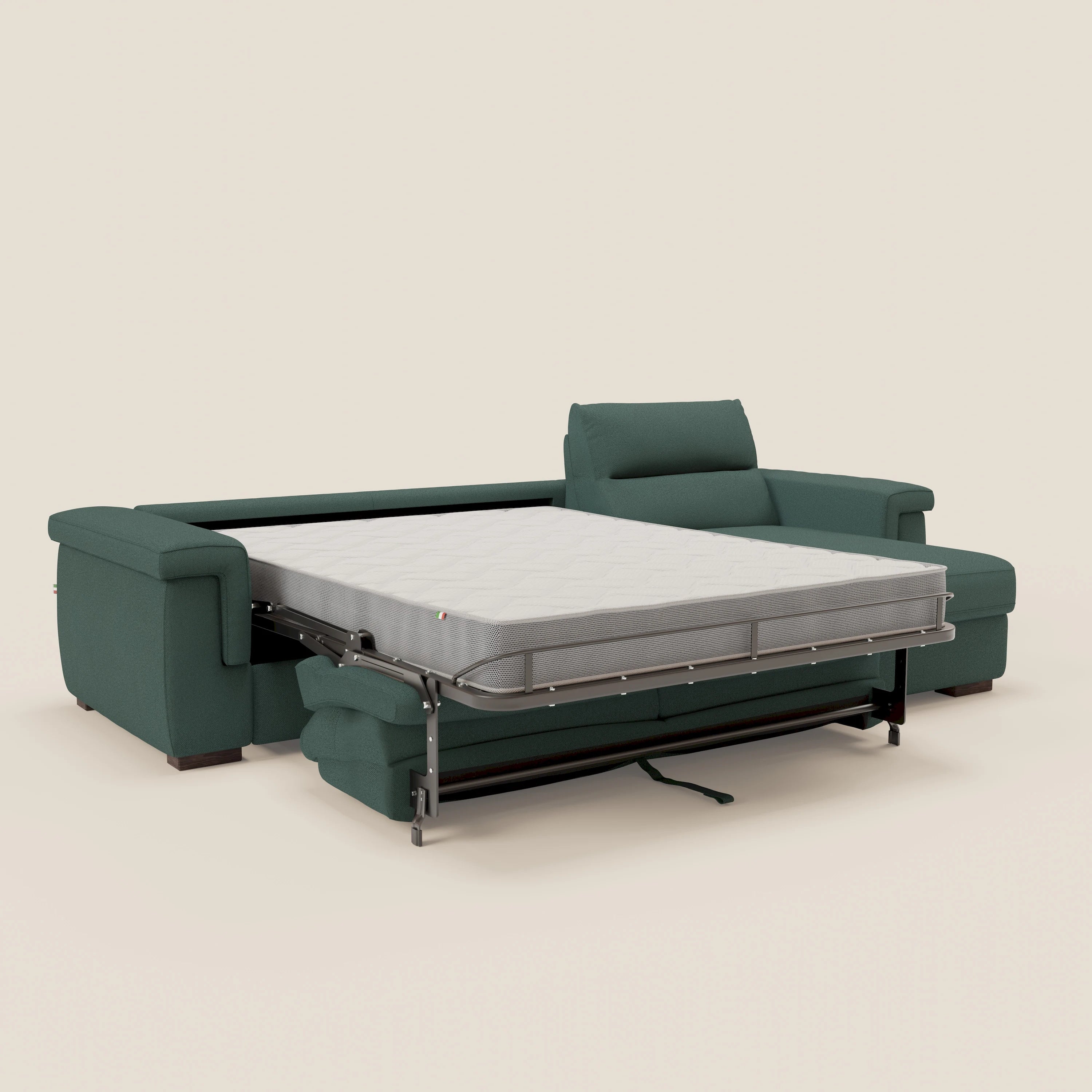 Magnolia divano letto angolare con Penisola Contenitore - Materasso H18 cm in tessuto smacchiabile T05 verde