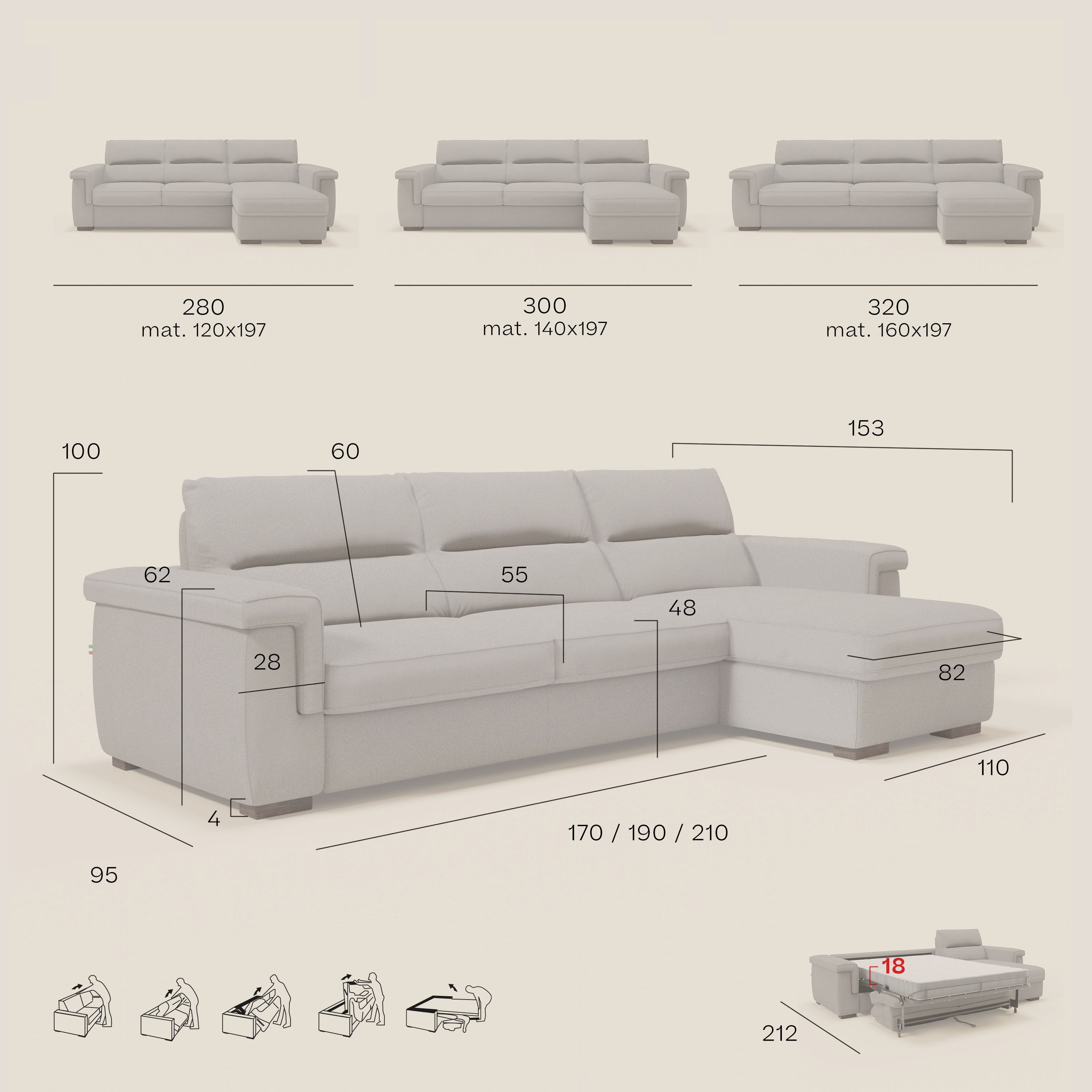 Magnolia divano letto angolare con Penisola Contenitore - Materasso H18 cm in tessuto smacchiabile T05 antracite