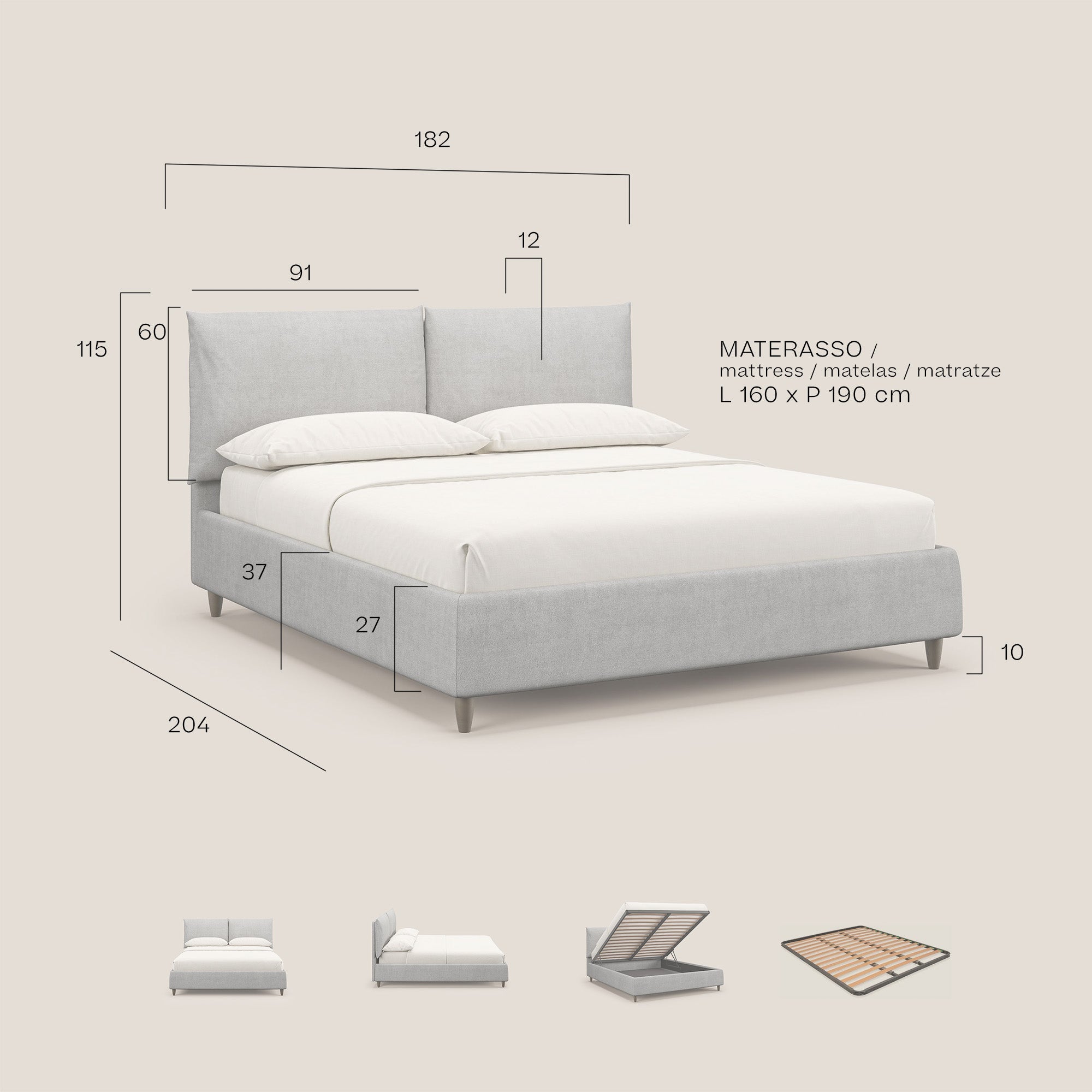 Mariana letto imbottito contenitore con cuscini in tessuto impermeabile T02 beige - divani.store