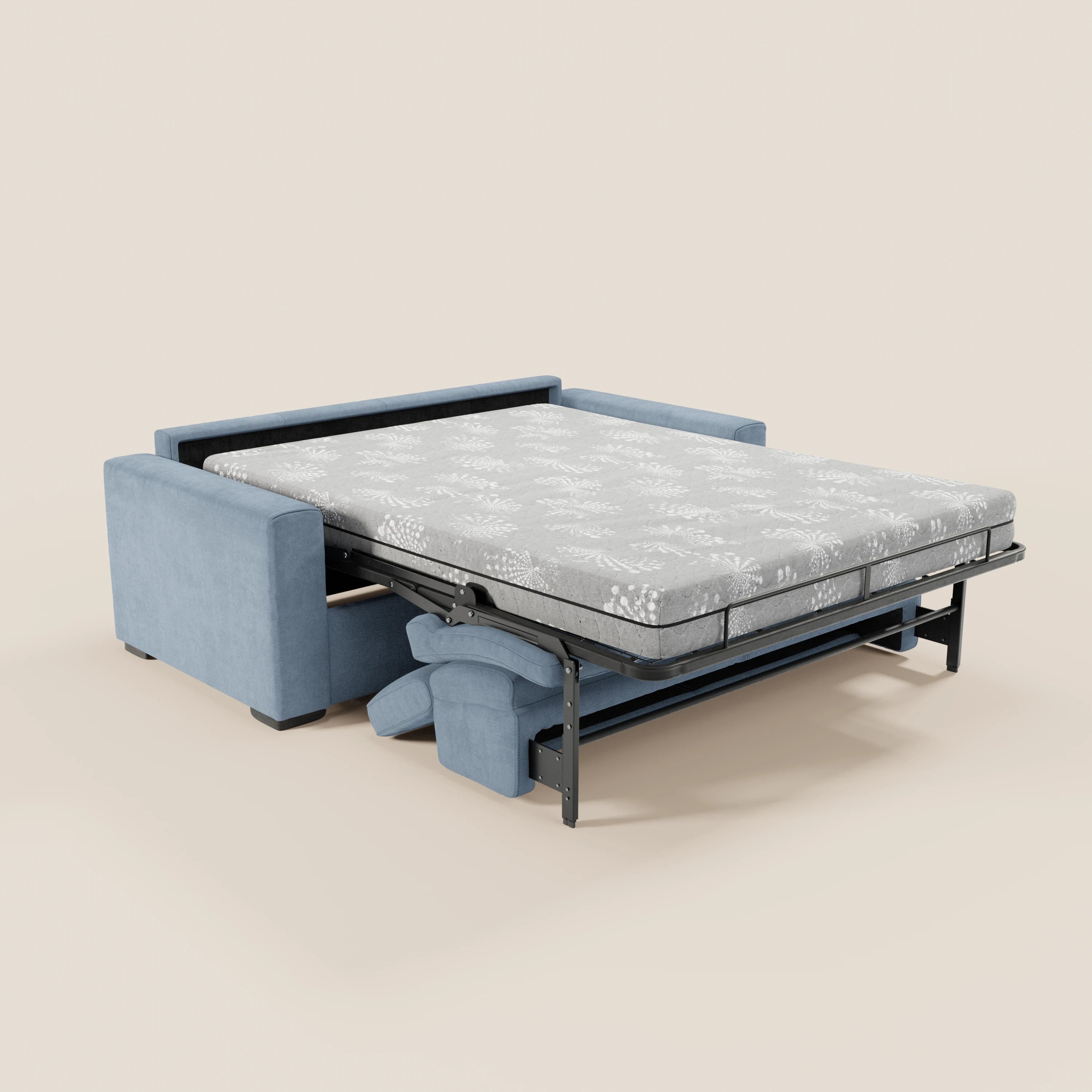 Il divano letto a 3 posti Maximus di Divani.Store è dotato di un materasso queen-size alto 20 cm con un delicato motivo floreale bianco, poggiatesta reclinabili, tessuto smacchiabile certificato Oeko-Tex e un design elegante e moderno che risalta sullo sfondo beige.