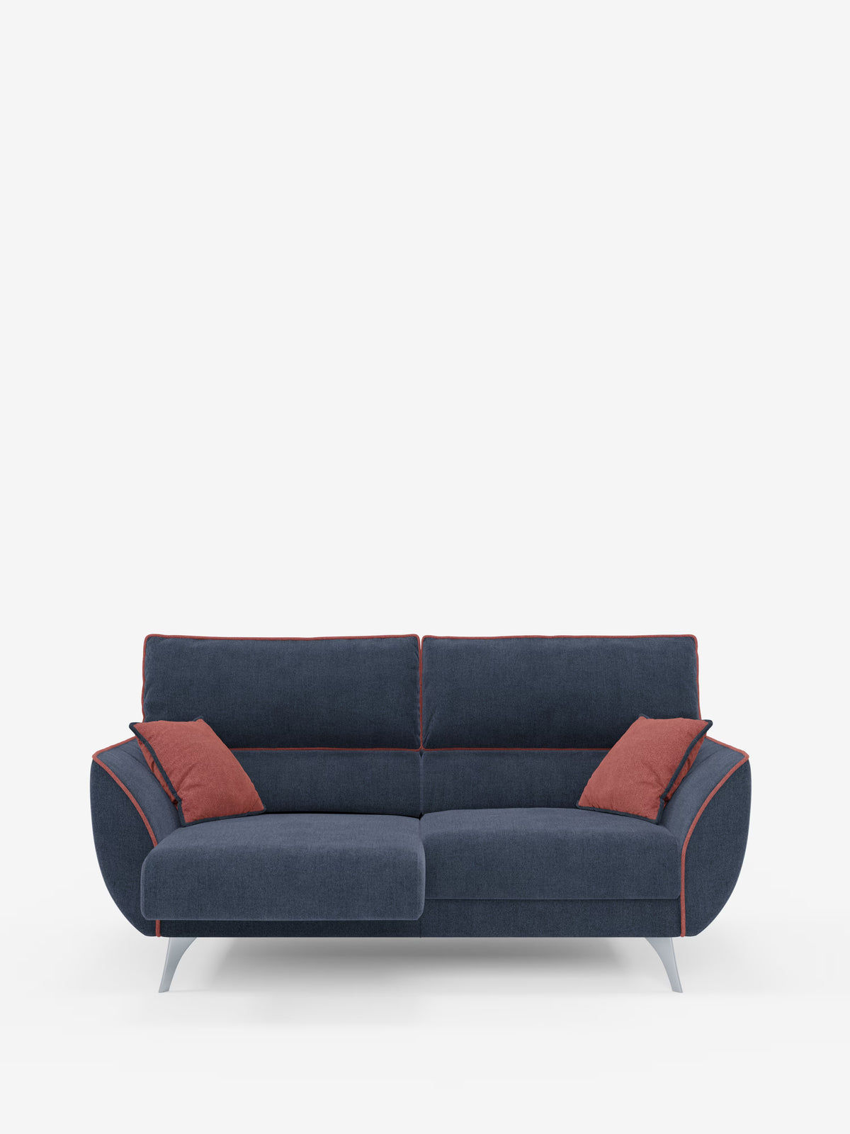 Vi presentiamo il divano Michelangelo a 2 e 3 posti con sedute allungabili e poggiatesta reclinabili di Divani.Store. Questo moderno divano bicolore, rivestito in tessuto T23 blu scuro antimacchia, presenta eleganti gambe in metallo, due cuscini di seduta coordinati e quattro cuscini decorativi color ruggine. I braccioli arrotondati e il design pulito e minimalista completano il suo look contemporaneo, che risalta magnificamente su uno sfondo bianco a tinta unita.