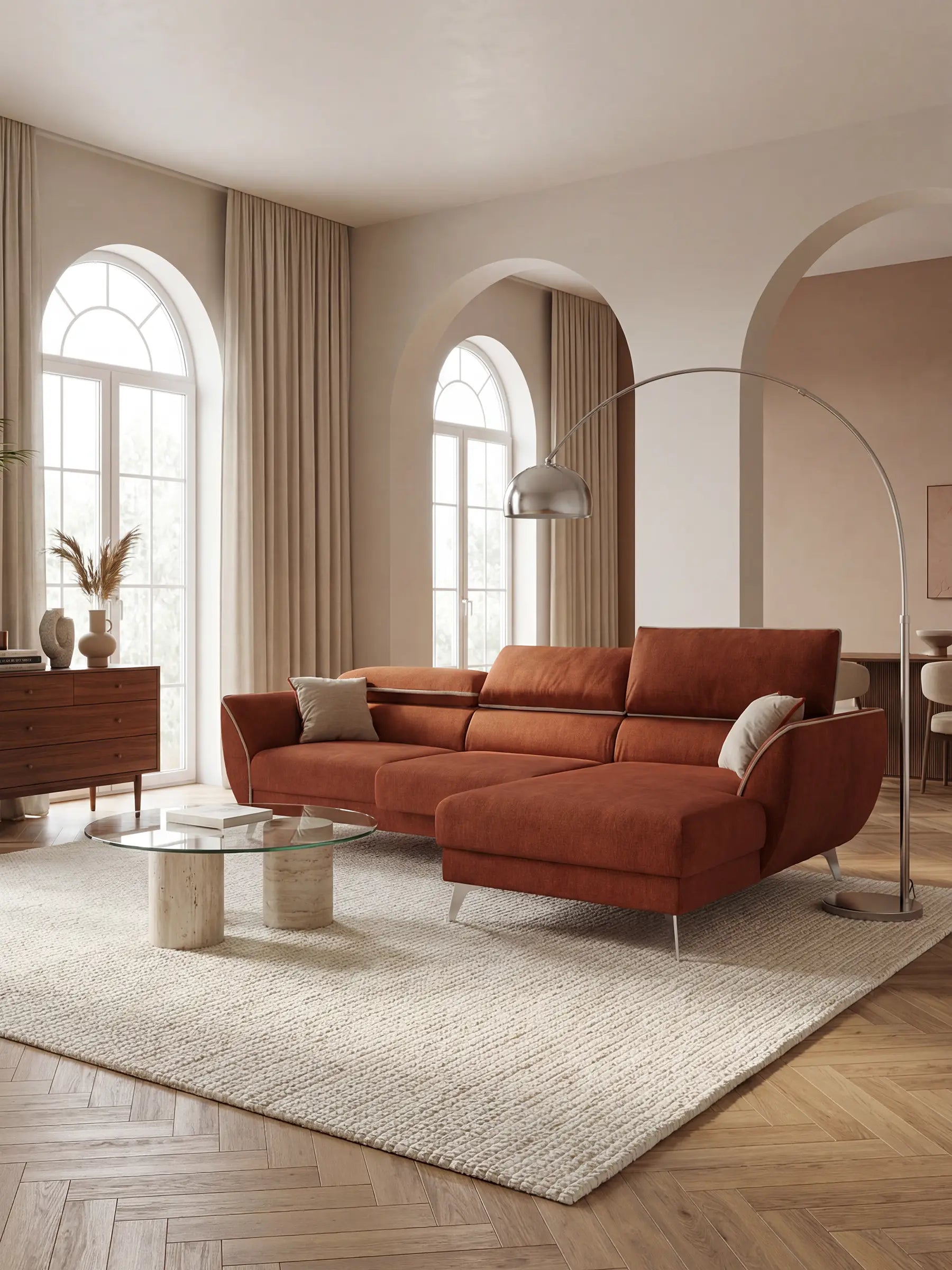 Michelangelo Sofá esquinero bicolor con chaise longue y asientos extensibles - reposacabezas reclinables en tejido antimanchas T23