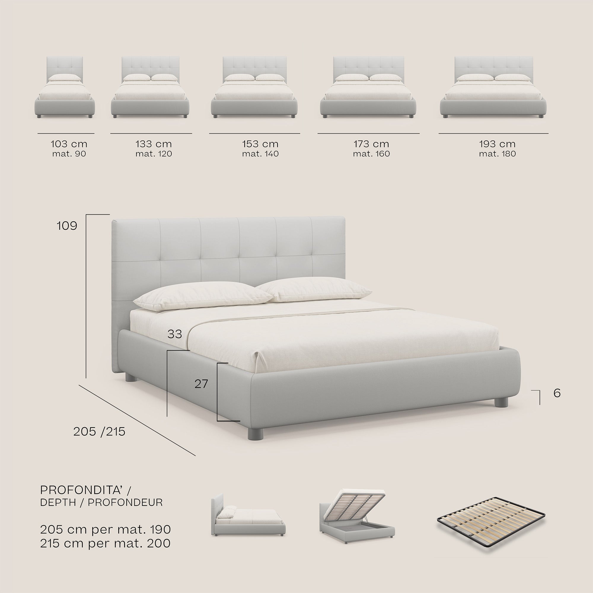 Minato letto imbottito contenitore con testata trapuntata in ecopelle impermeabile T04 grigio chiaro - divani.store