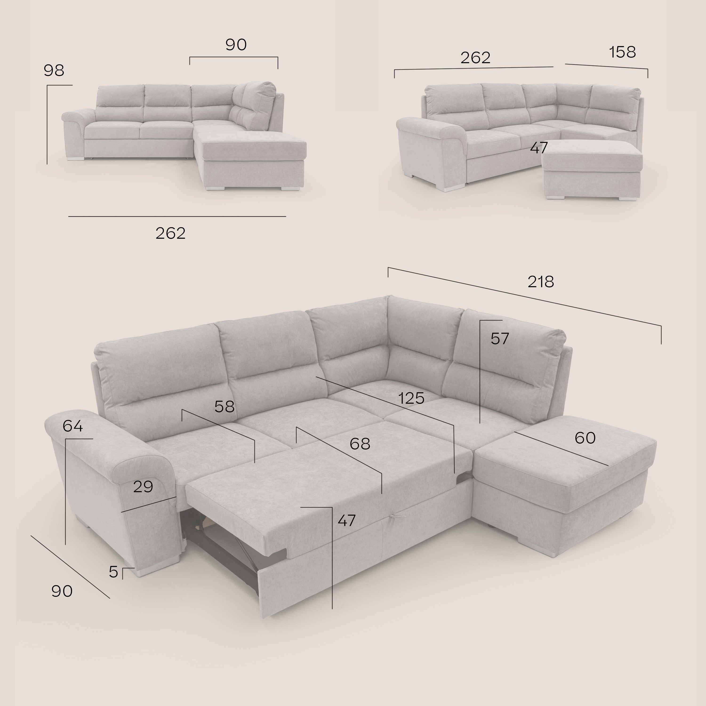 Minerva divano angolare con estraibile a cassettone e pouf contenitore in tessuto morbido impermeabile T02 verde - divani.store