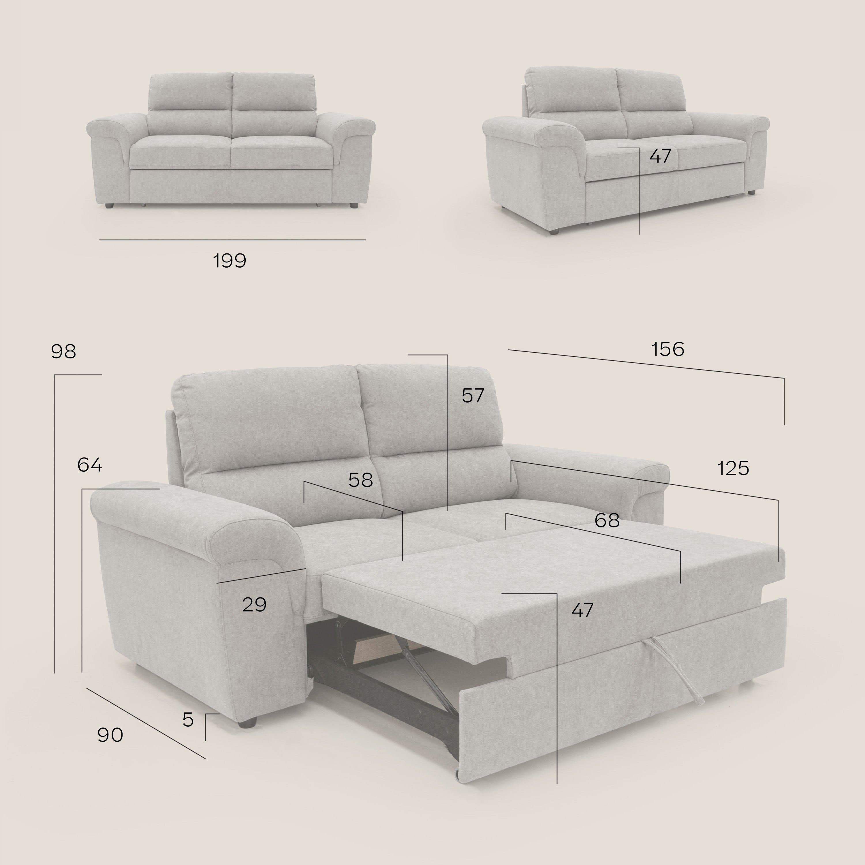 Minerva divano con pouf estraibile poggiapiedi in tessuto morbido impermeabile T02 beige - divani.store