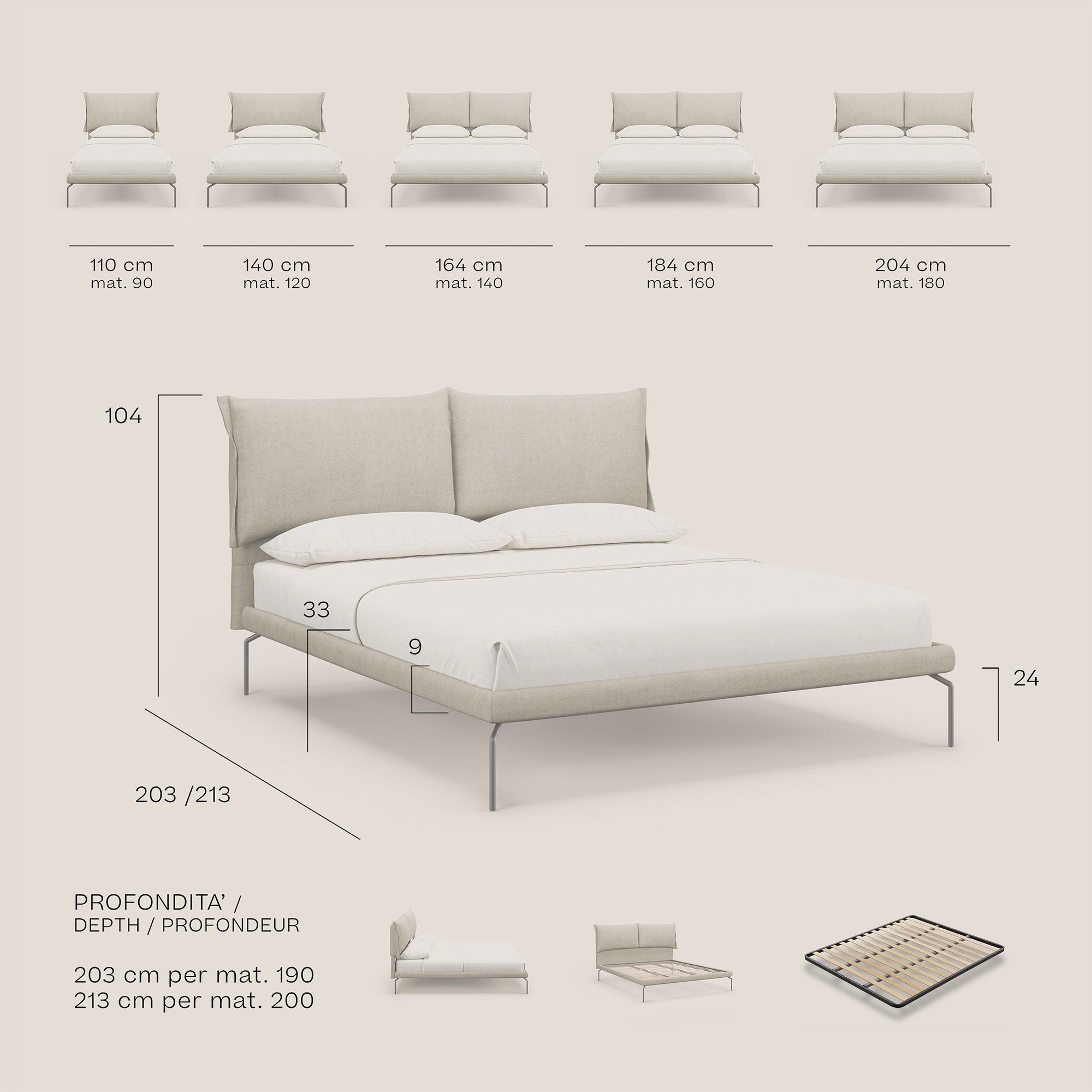Bice letto imbottito con cuscini e piedi alti in metallo in tessuto impermeabile T02 verde - divani.store