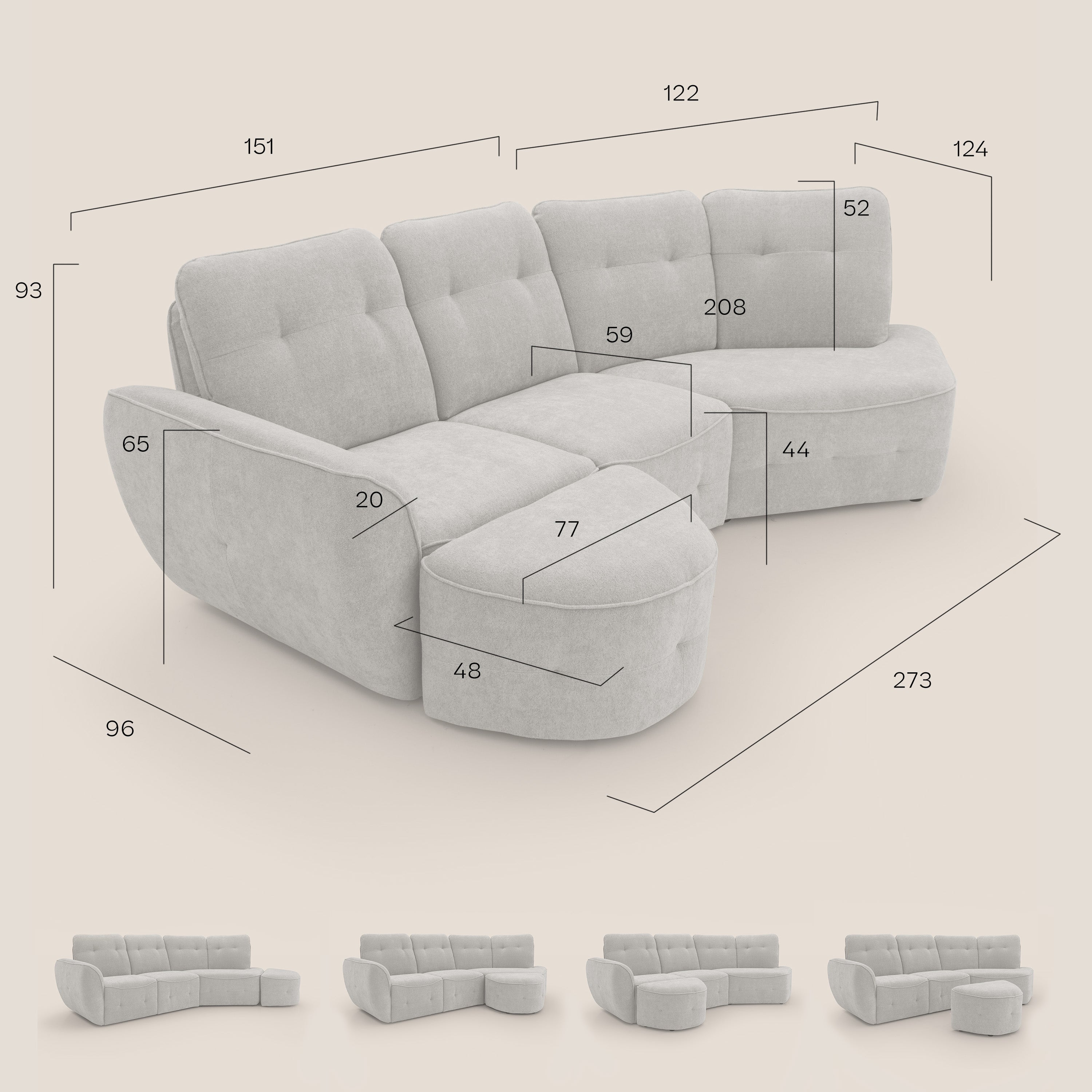 Cerbero divano angolare con pouf mobile in morbido bouclé impermeabile T07 antracite - divani.store