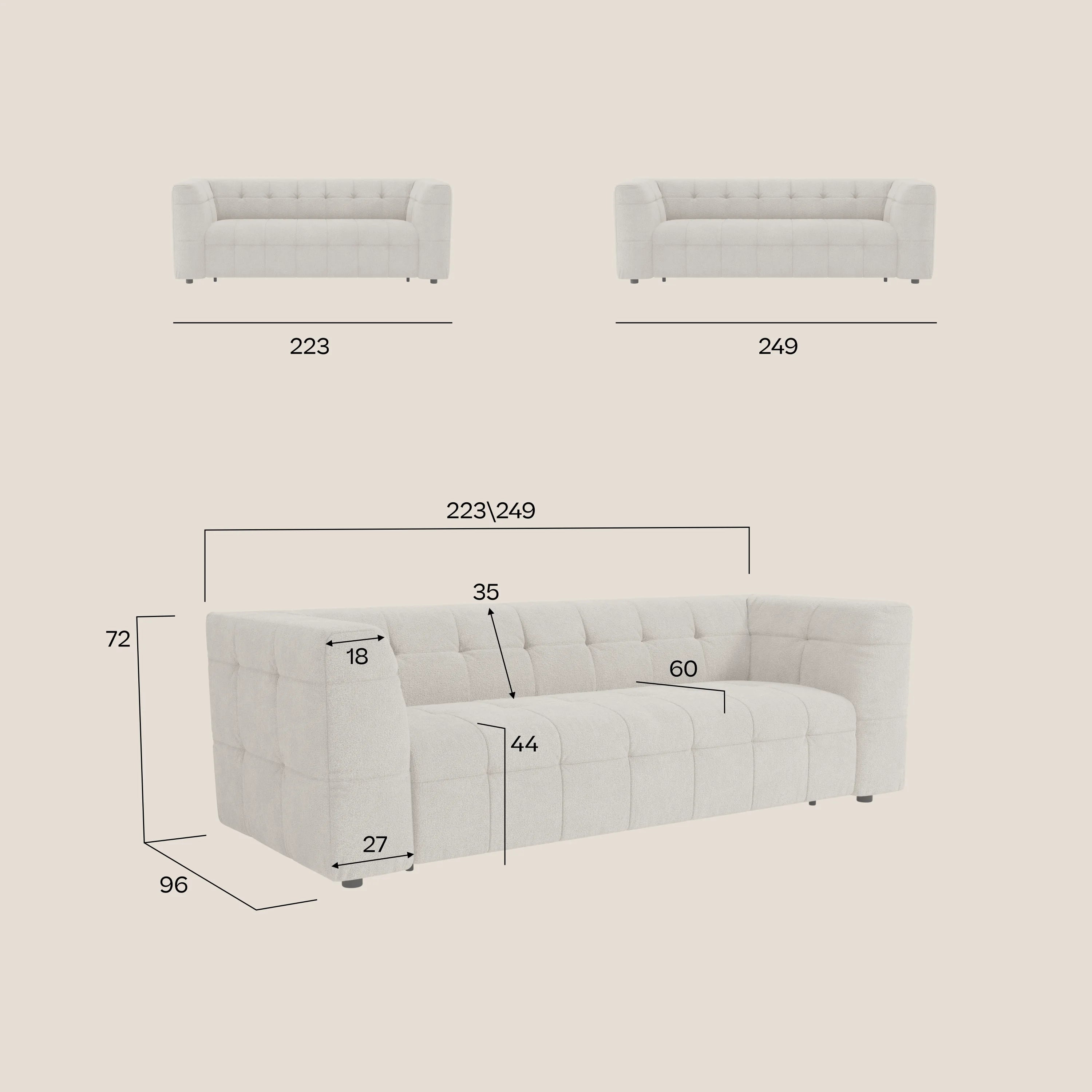 Il divano modulare 3 posti in bouclé Mosaic di Divani.Store è caratterizzato dal design capitonné, dal tessuto antimacchia T21 e dalla larghezza di 223 cm o 249 cm, dall'altezza di 72 cm, dalla profondità di seduta di 60 cm, dalla larghezza dei braccioli di 18 cm e dall'altezza della seduta di 44 cm.