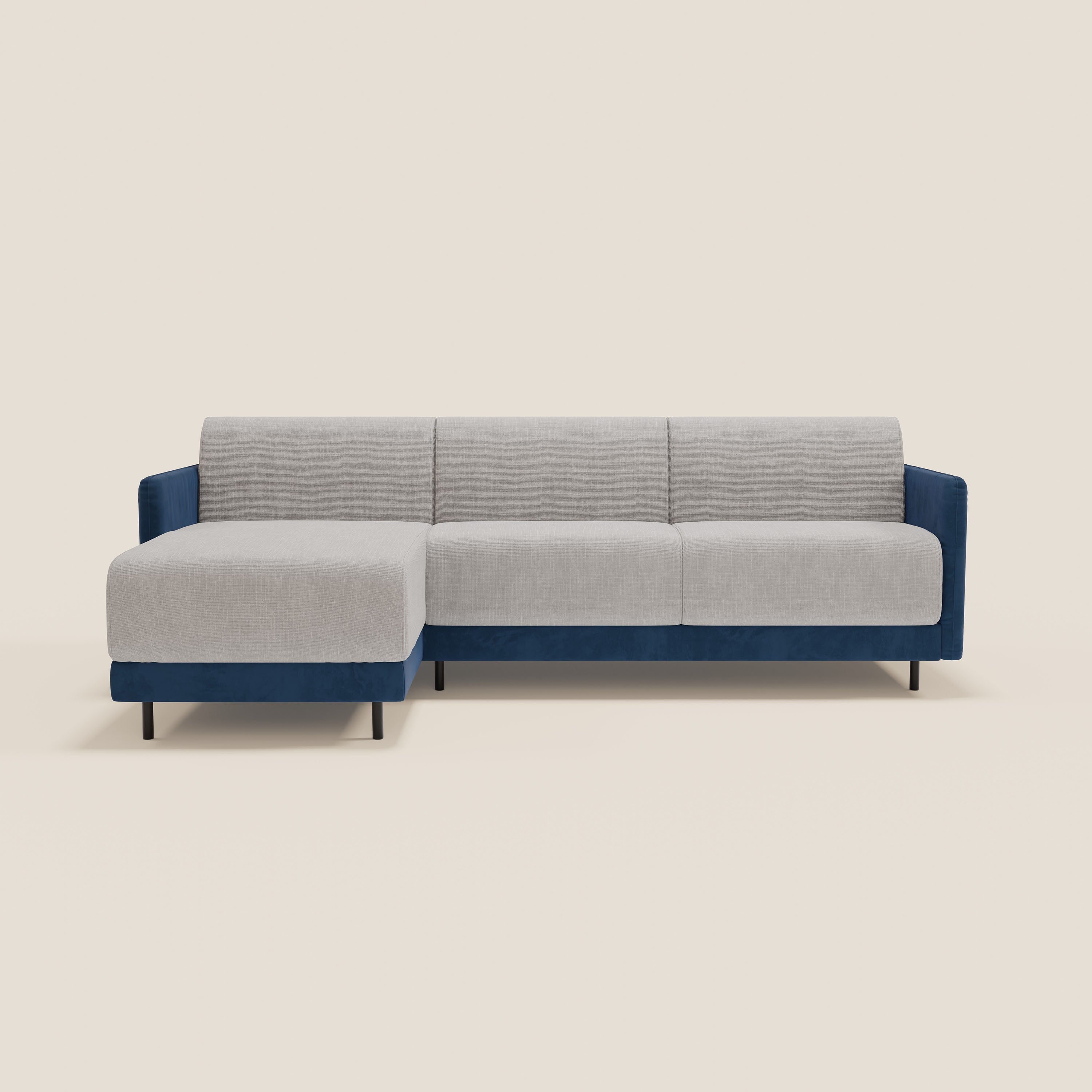 Narciso divano letto angolare con materasso alto 18 cm e penisola contenitore in tessuto bicolore impermeabile T11 e T06 - divani.store
