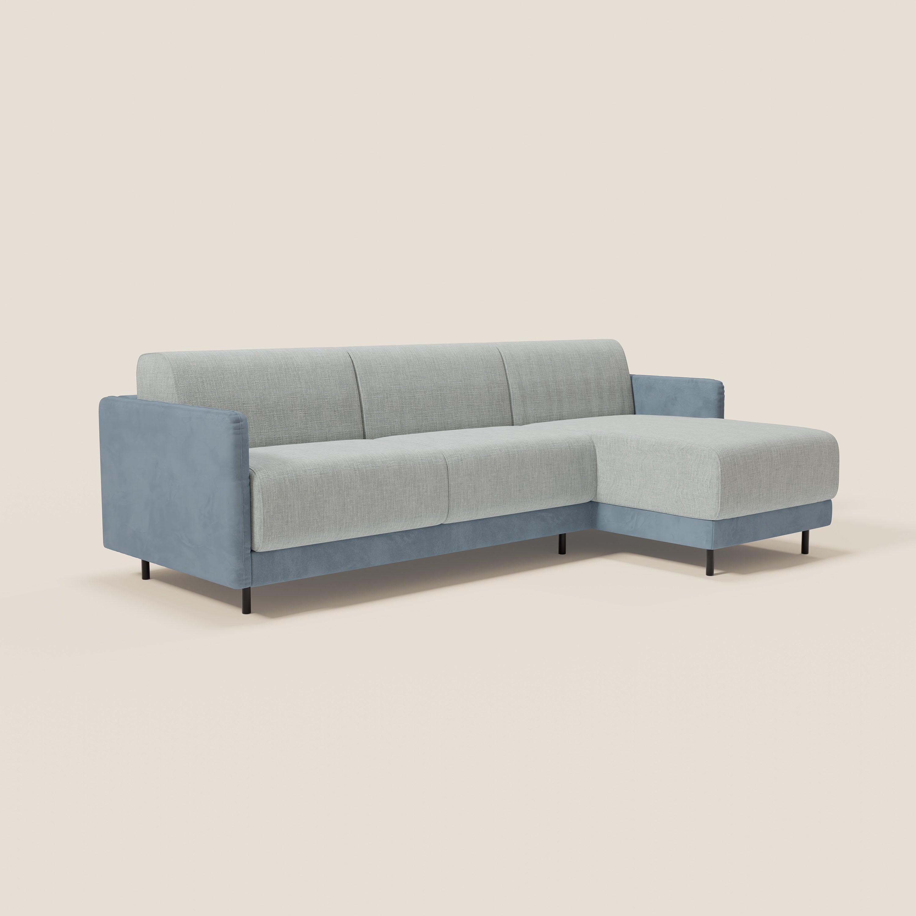Narciso divano letto angolare con materasso alto 18 cm e penisola contenitore in tessuto bicolore impermeabile T11 e T06 - divani.store