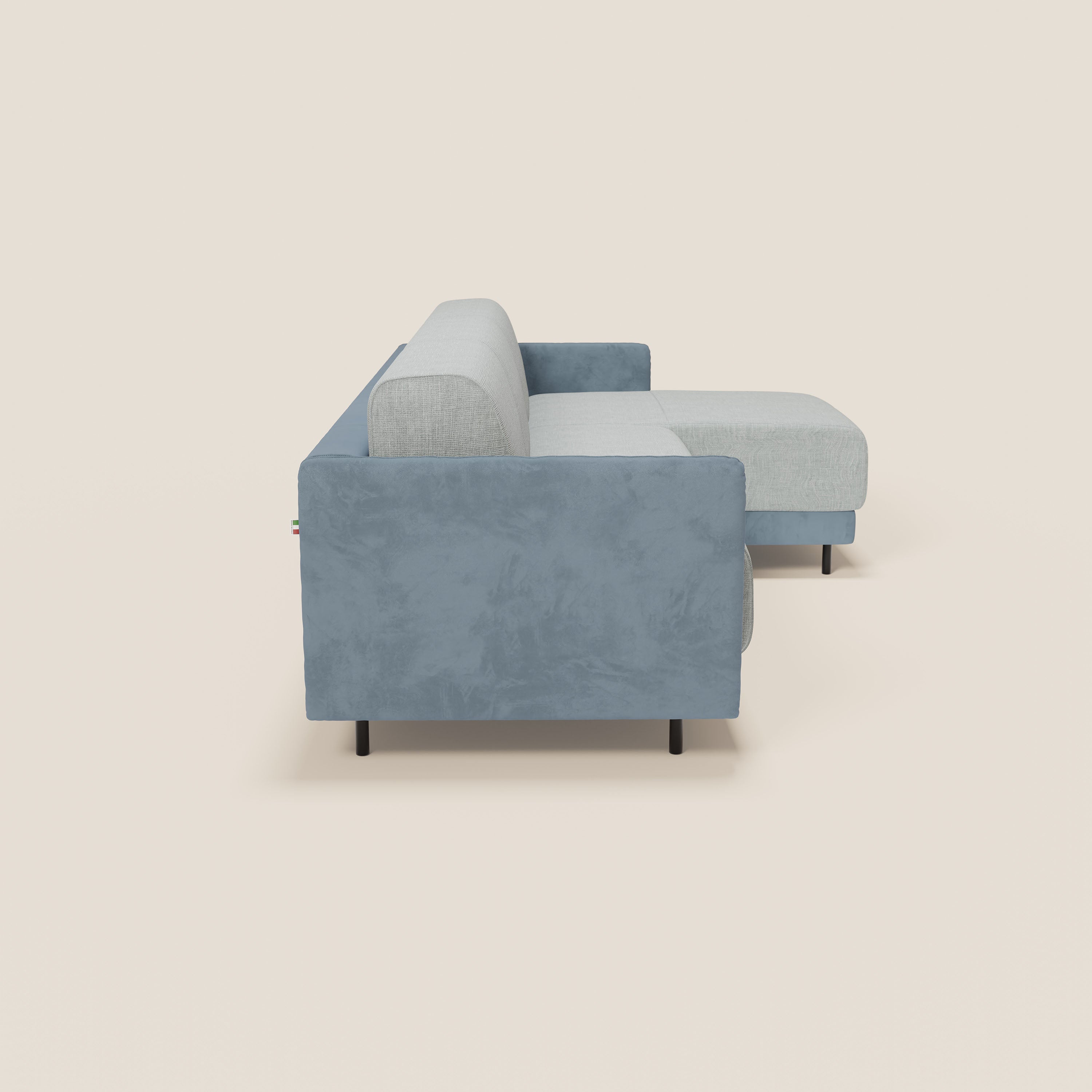 Narciso divano letto angolare con materasso alto 18 cm e penisola contenitore in tessuto bicolore impermeabile T11 e T06 - divani.store