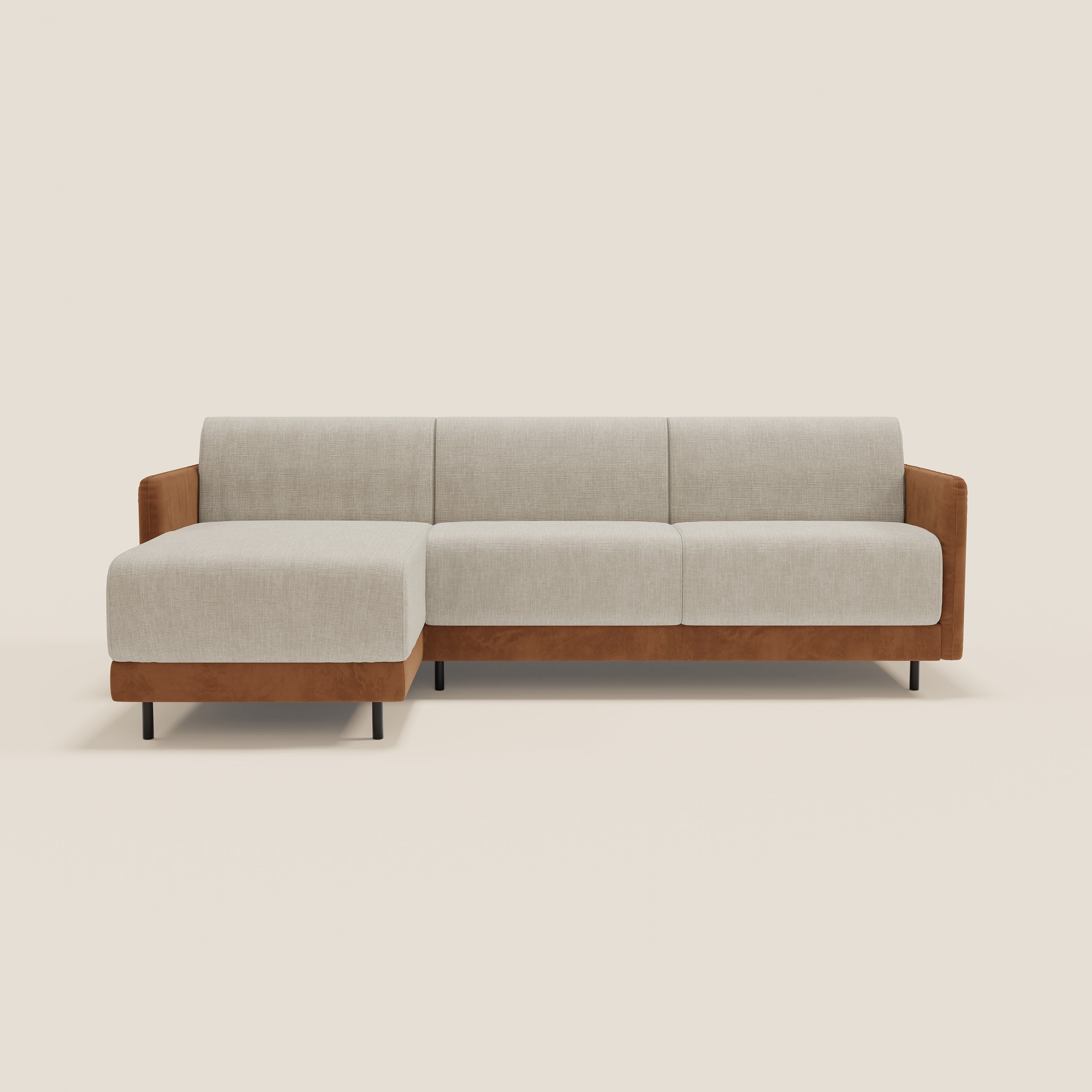 Narciso divano letto angolare con materasso alto 18 cm e penisola contenitore in tessuto bicolore impermeabile T11 e T06 - divani.store