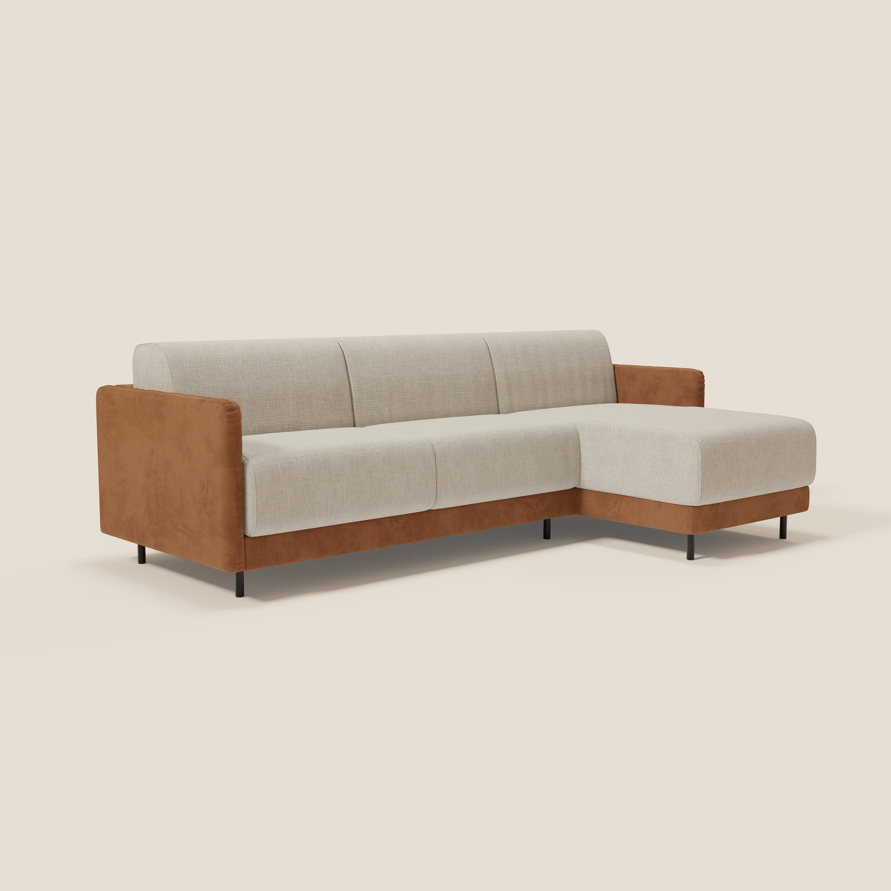 Narciso divano letto angolare con materasso alto 18 cm e penisola contenitore in tessuto bicolore impermeabile T11 e T06 - divani.store