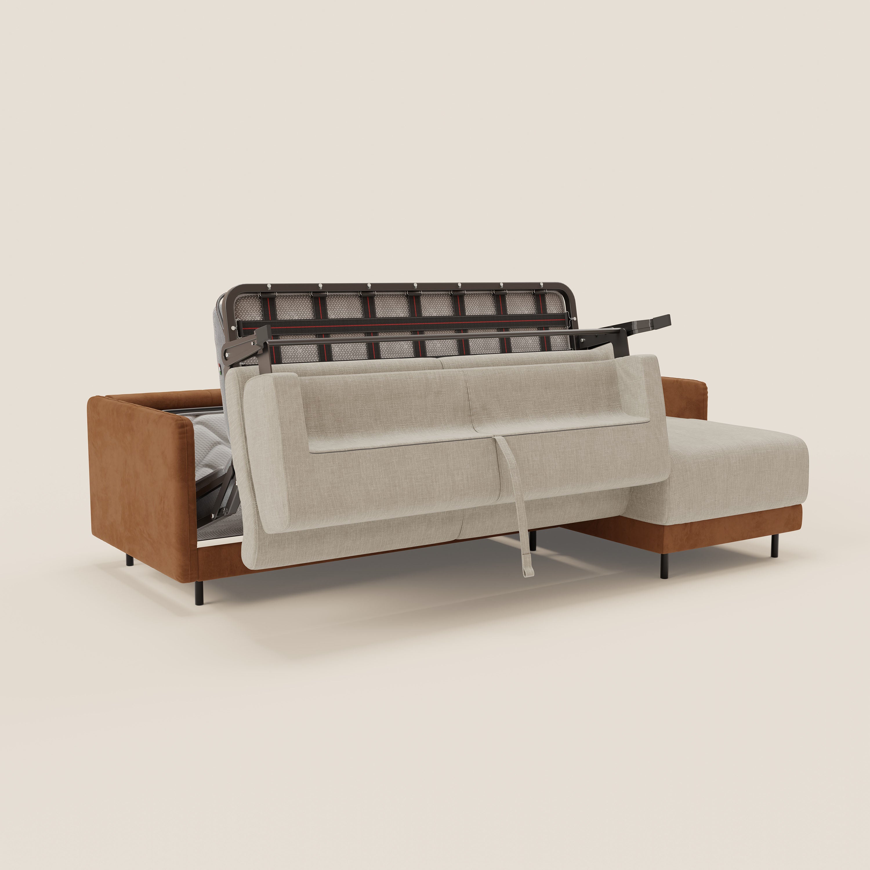 Narciso divano letto angolare con materasso alto 18 cm e penisola contenitore in tessuto bicolore impermeabile T11 e T06 - divani.store