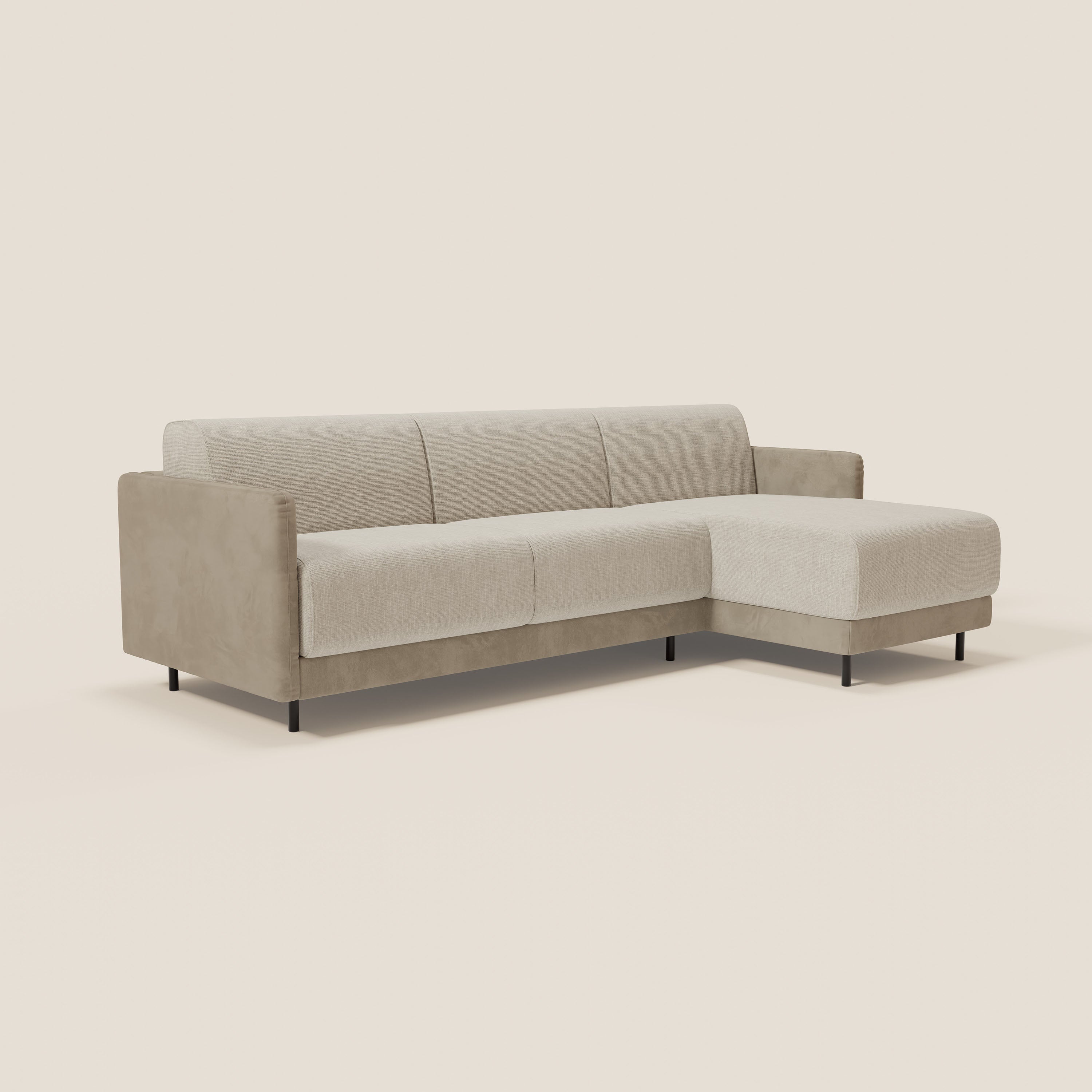Narciso divano letto angolare con materasso alto 18 cm e penisola contenitore in tessuto bicolore impermeabile T11 e T06 - divani.store