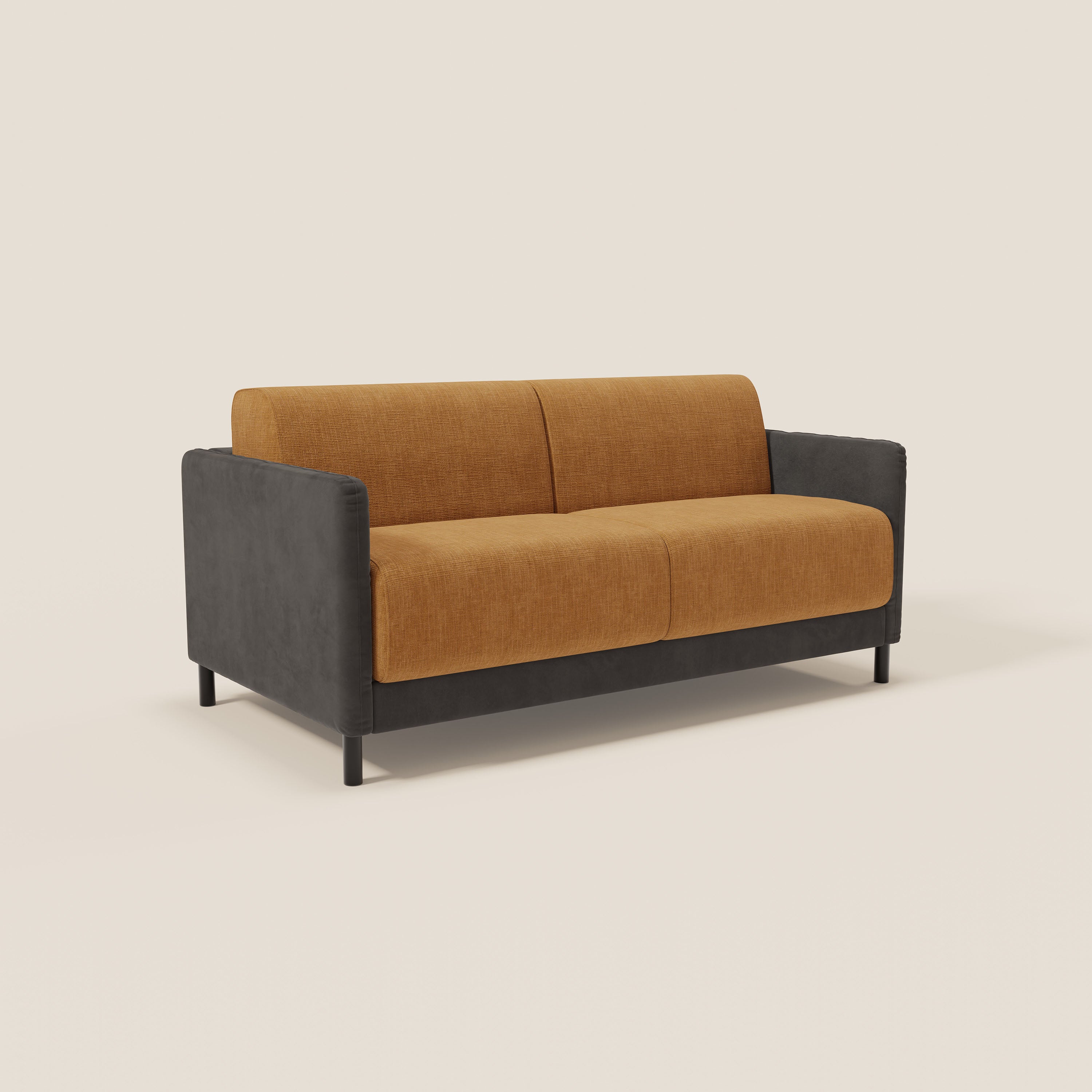 Il divano letto Narciso di Divani.Store ha un design bicolore con struttura in microfibra antimacchia, tessuto impermeabile T06 nei colori nero e ocra, pratico meccanismo a ribalta e comodo materasso H18 cm.