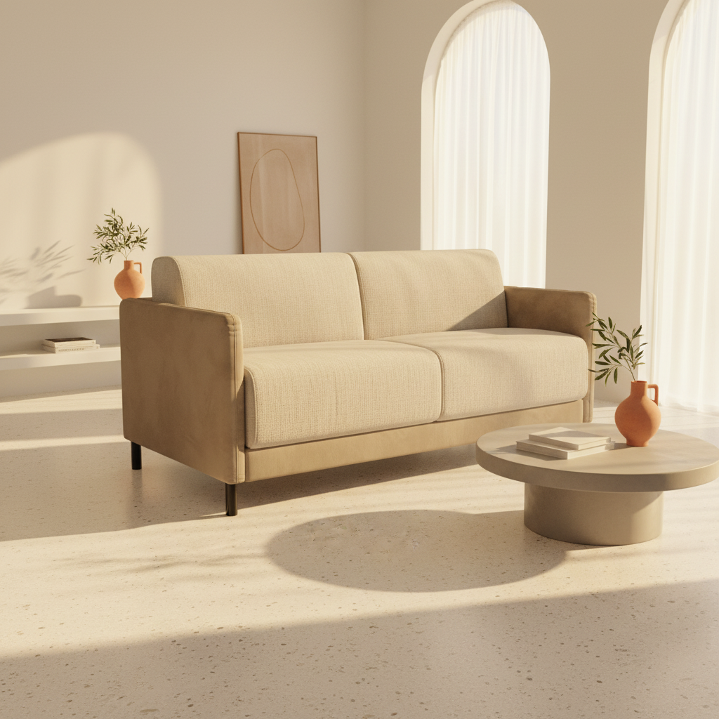 Narciso canapé convertible design  160 cm (mat. 120x197 cm)  avec matelas H18 cm, bicolor, structure en microfibre antitache et revêtement en élégant tissu imperméable T06 taupe - crème